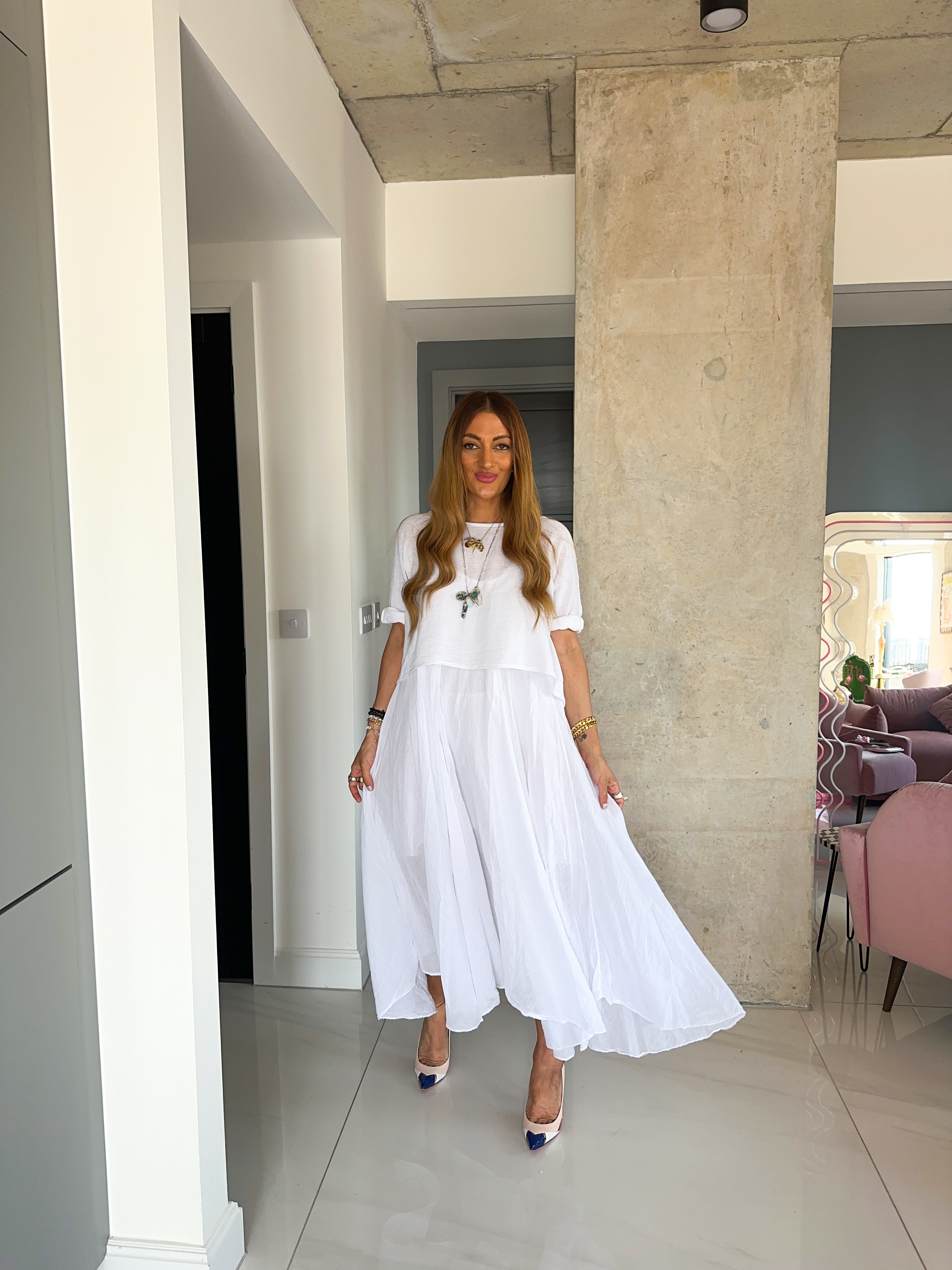 White Linen T-Shirt Style Maxi Dress
