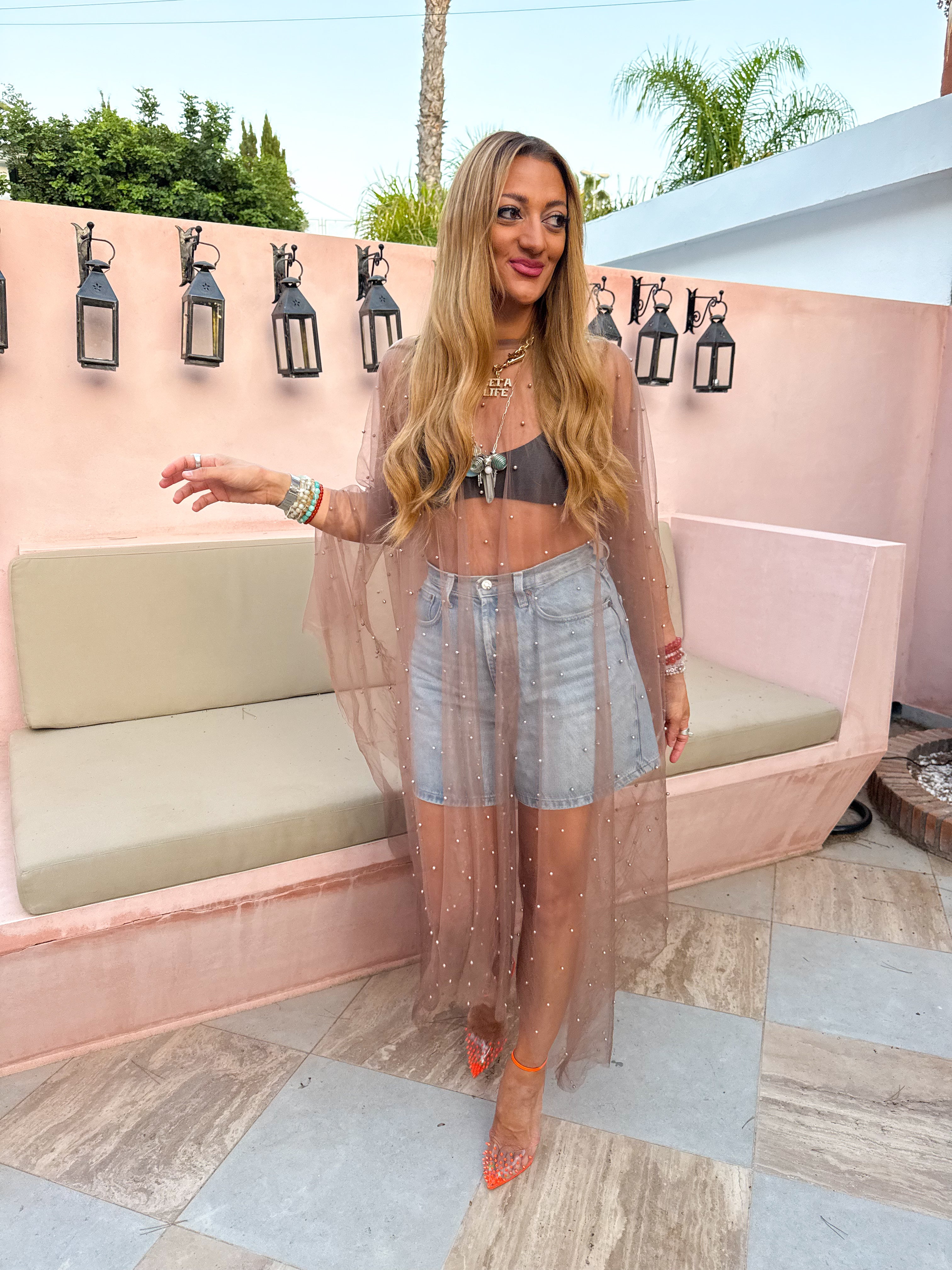 Tulle Vixen Pearl Mesh Kimono In Latte