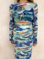 Sheer Mesh Bodysuit In Blue Mix Cloud Print