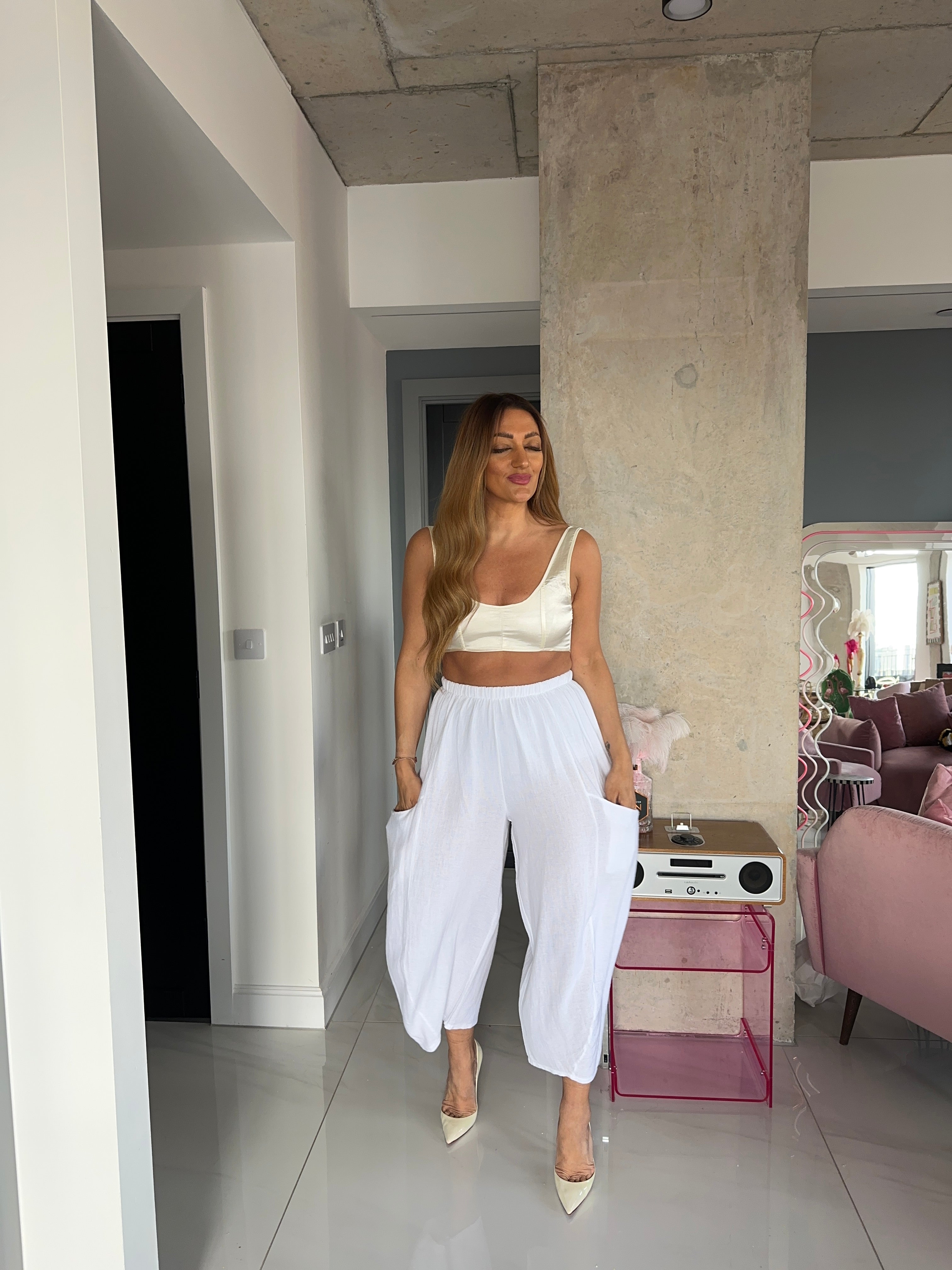 Linen Balloon Style Trousers In White