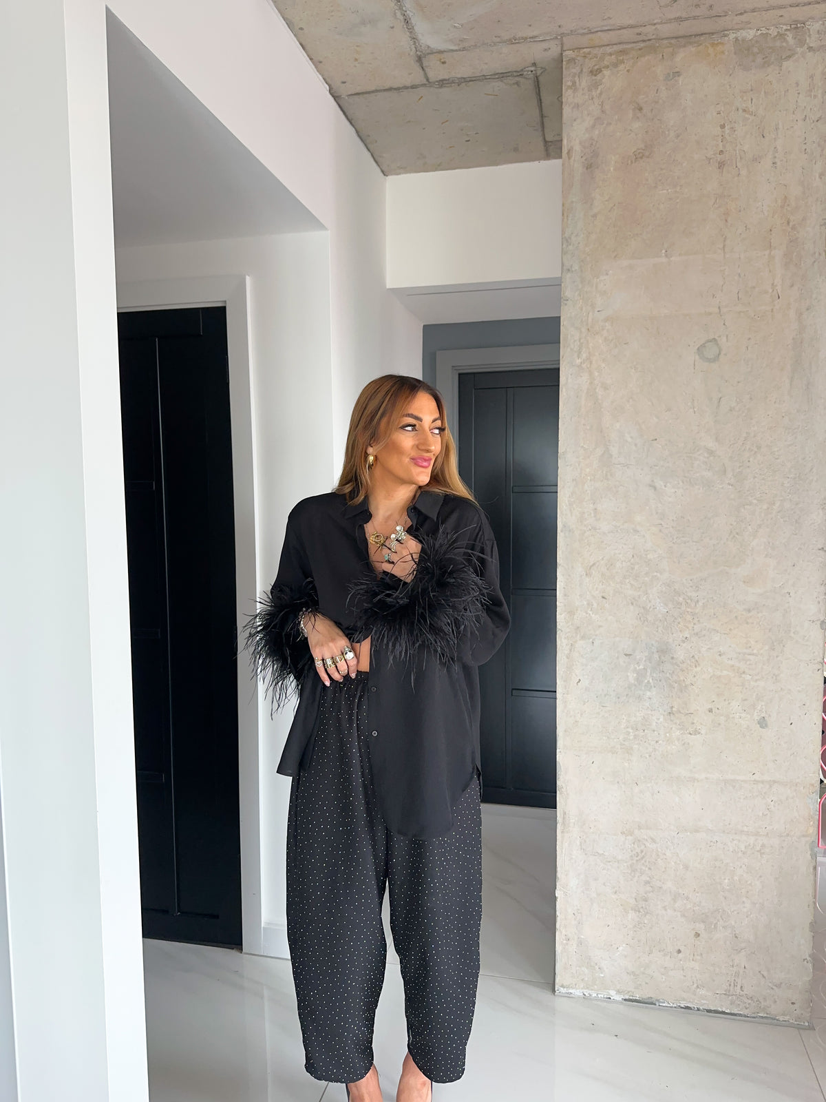 Core 0.2 Scattered Rhinestone Balloon Trousers In Black