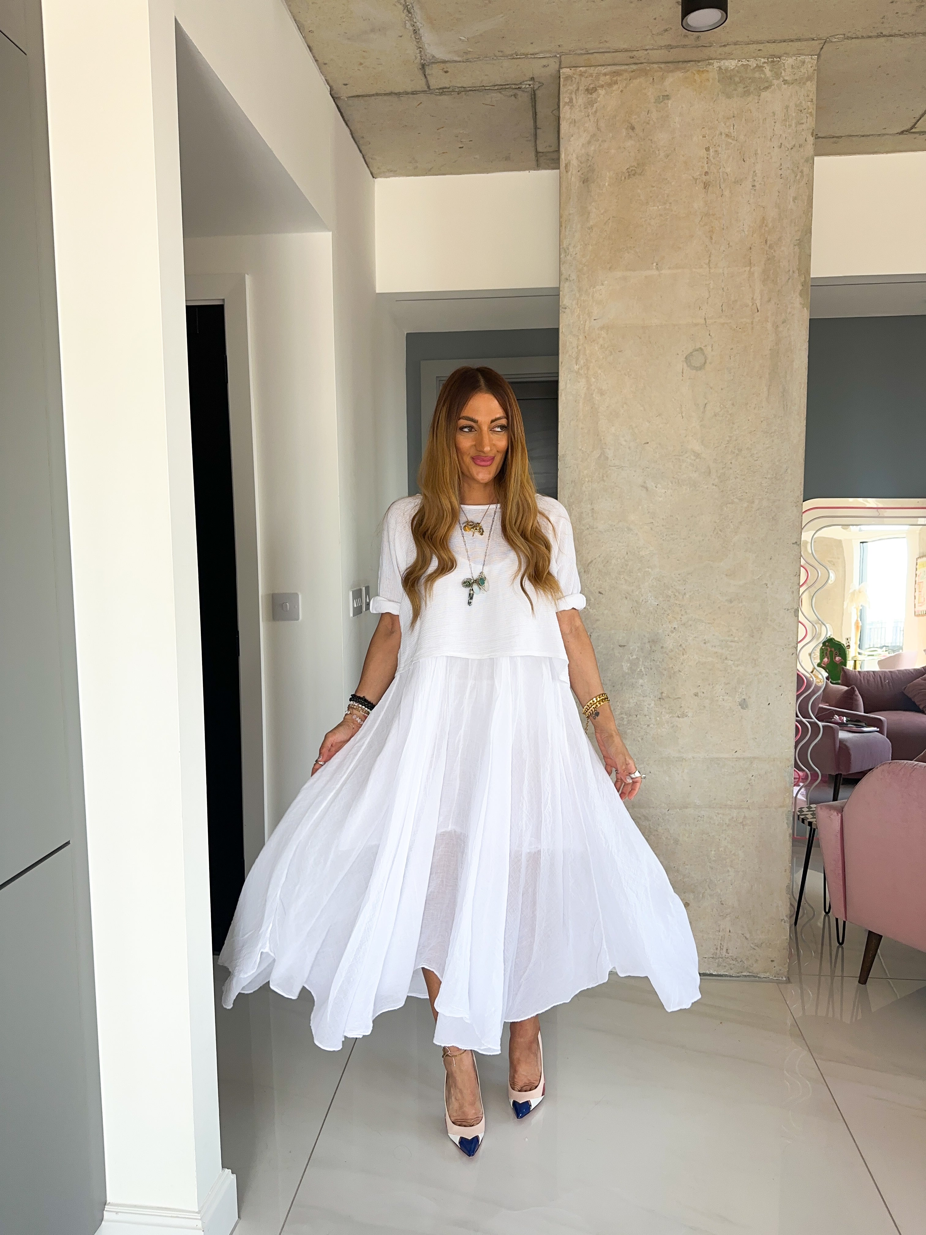 White Linen T-Shirt Style Maxi Dress
