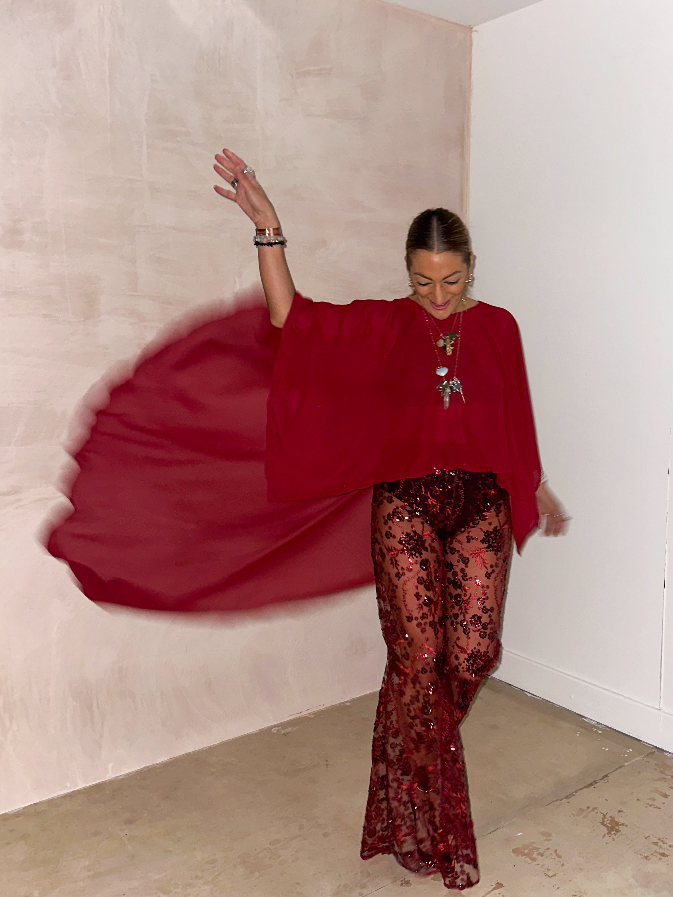 The Jasmine Chiffon Cape Top In Burgundy