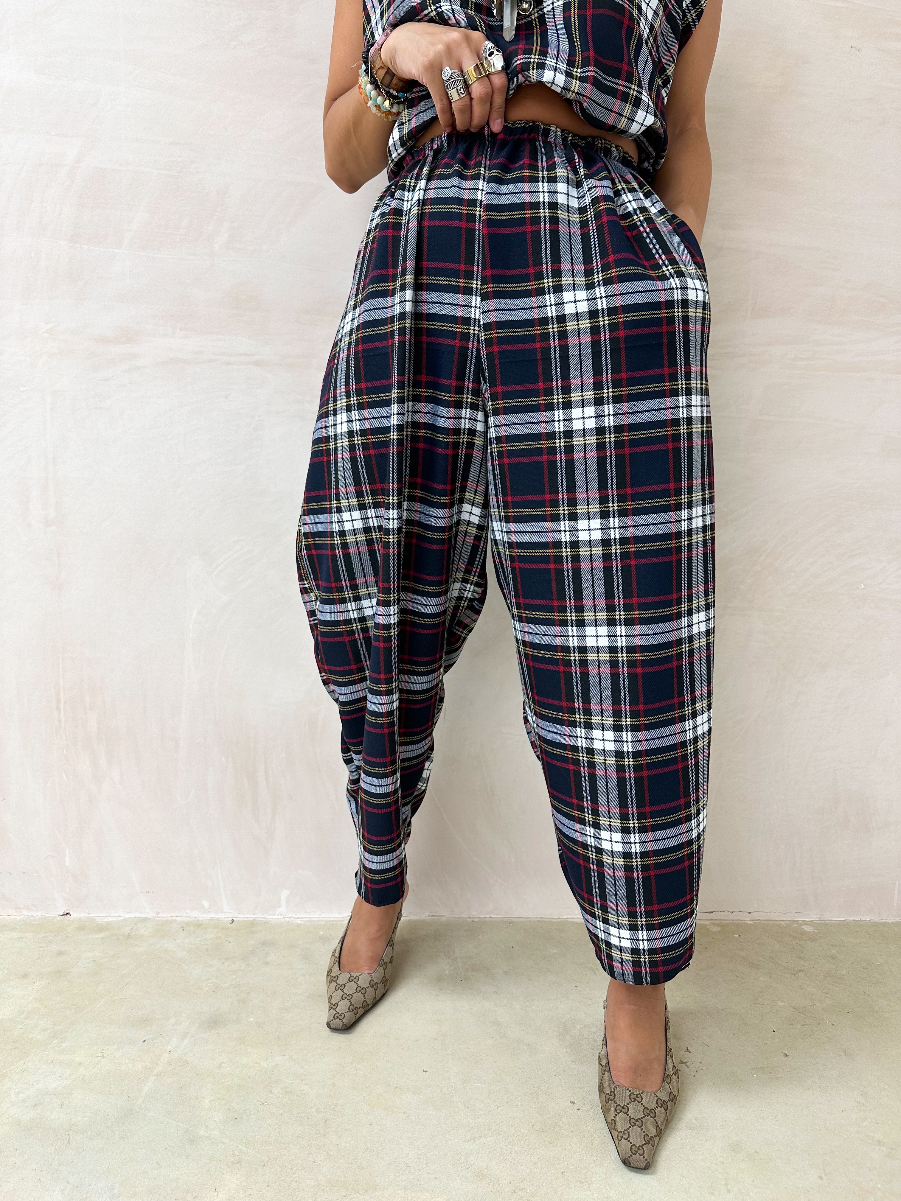 Muse Balloon Trousers In Navy Tartan