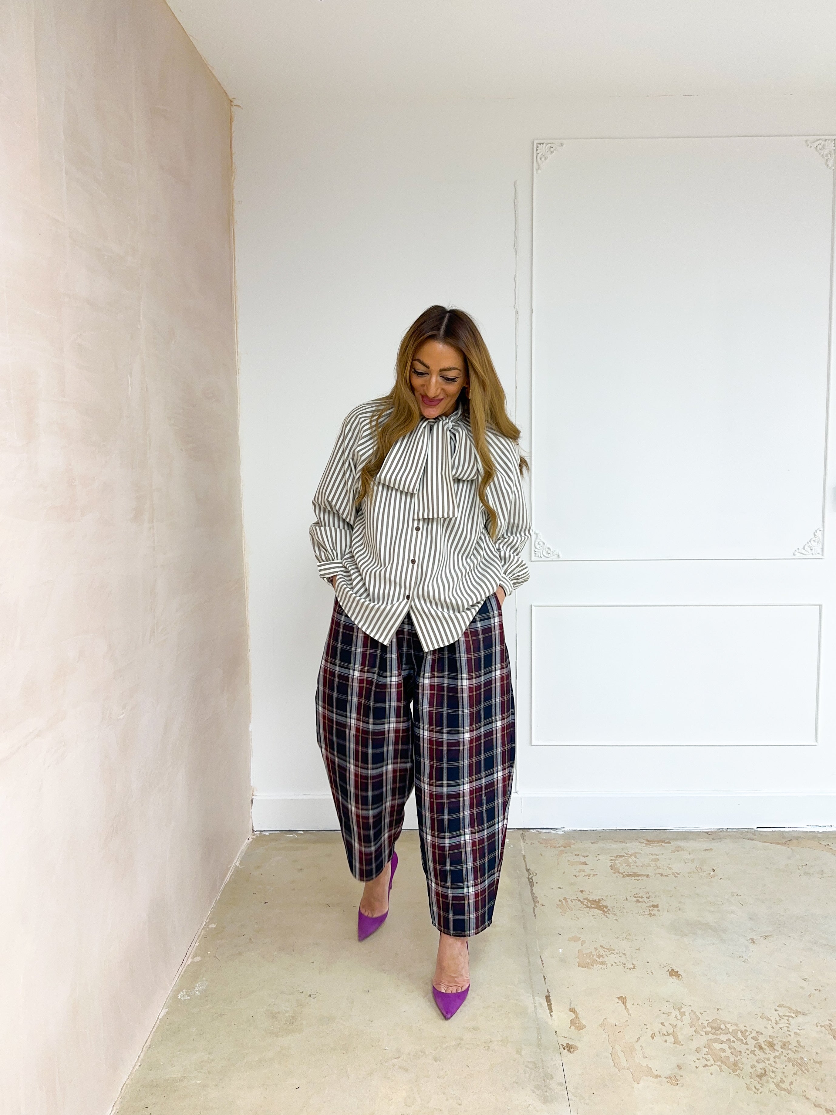 Tartan Check Balloon Trousers In Navy