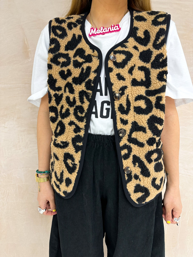 Fleece Style Waistcoat In Black/Beige Leopard Print