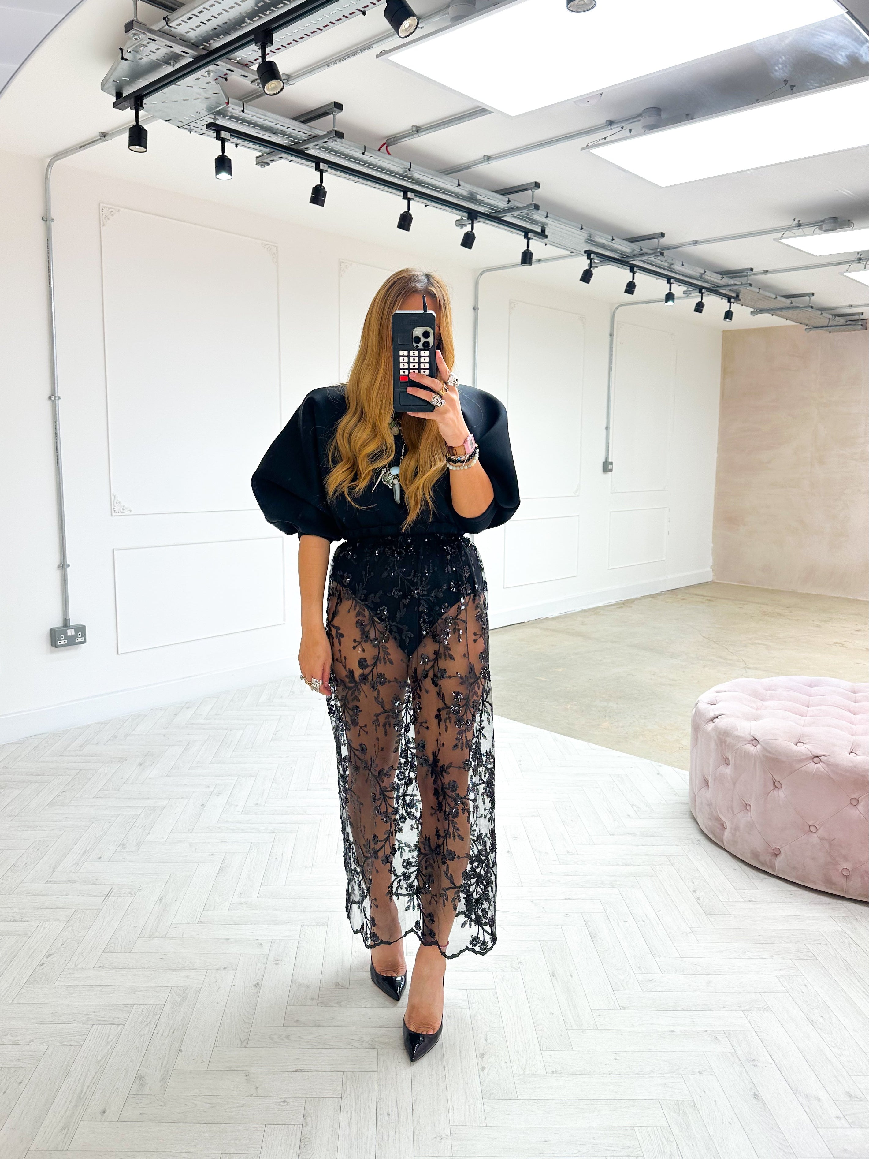 Midnight Sequin Mesh Midi Skirt In Black