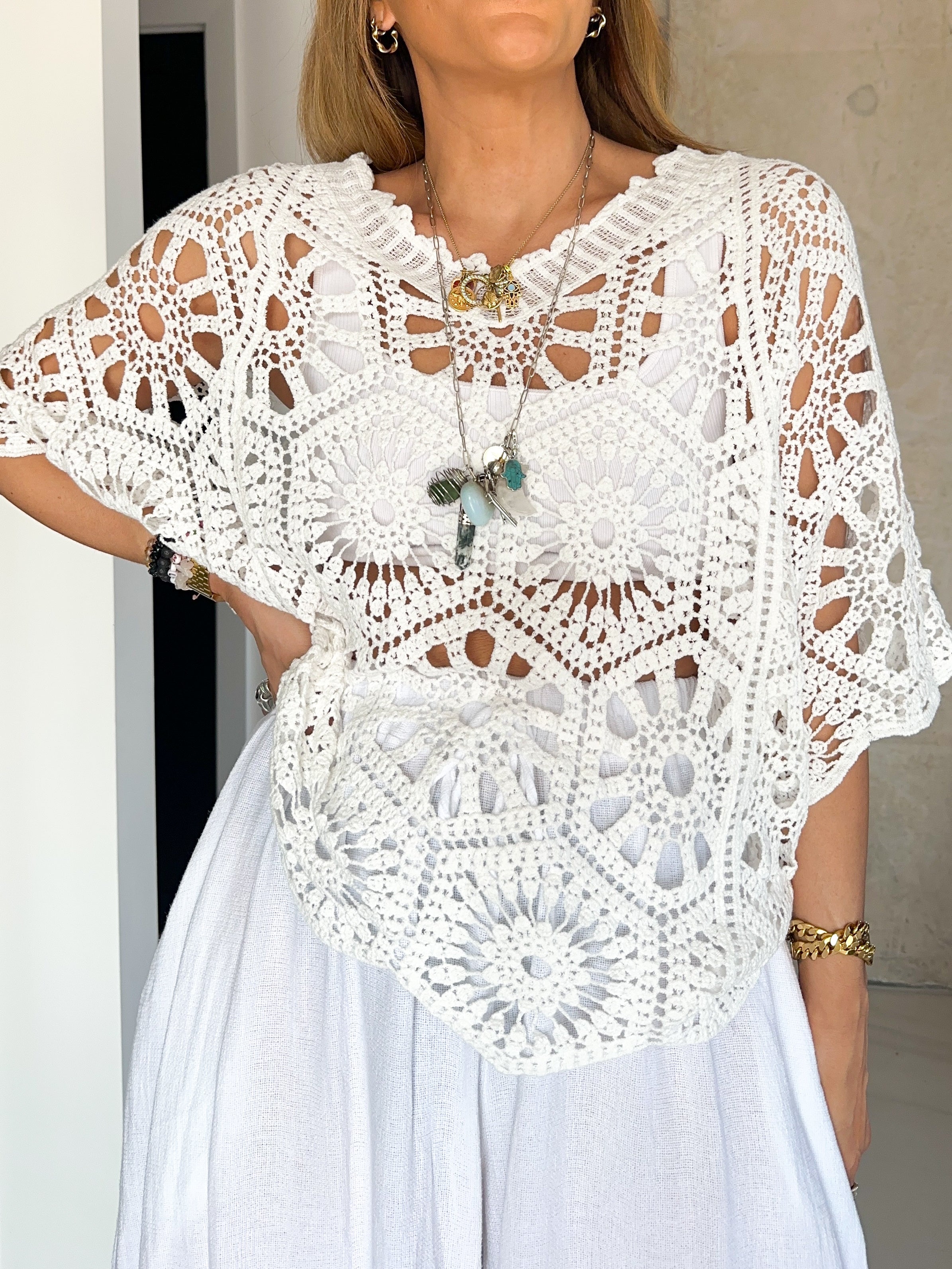 Crochet Style T-Shirt In Off-White