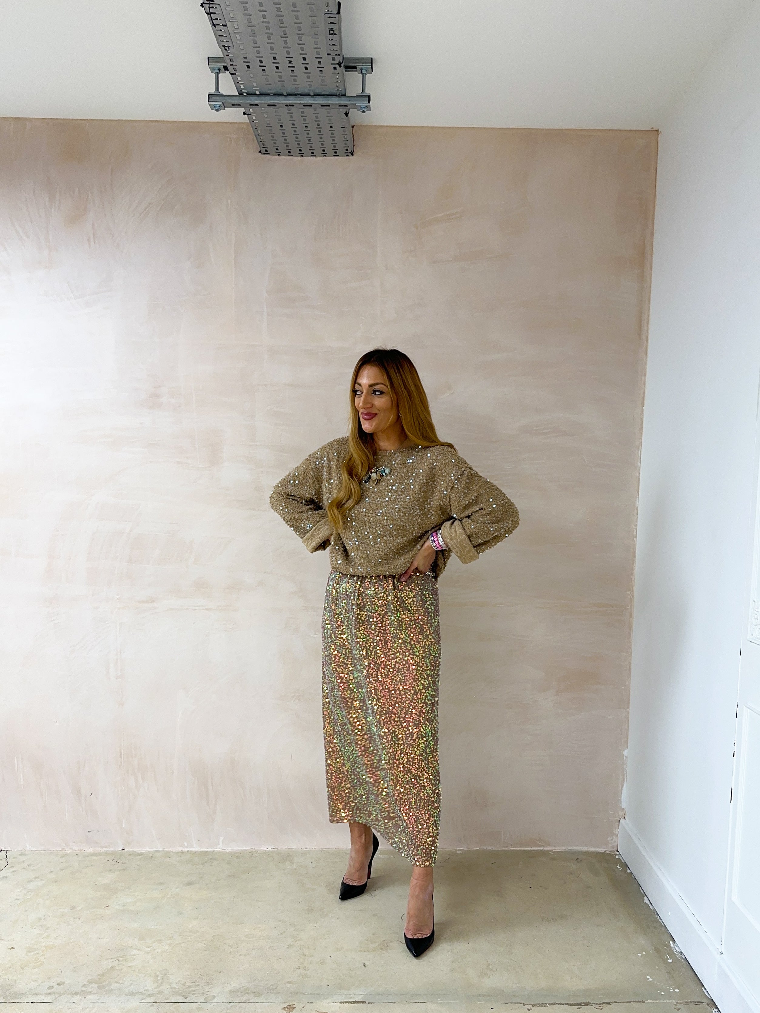 Knitted Scattered Sequin Jumper In Beige