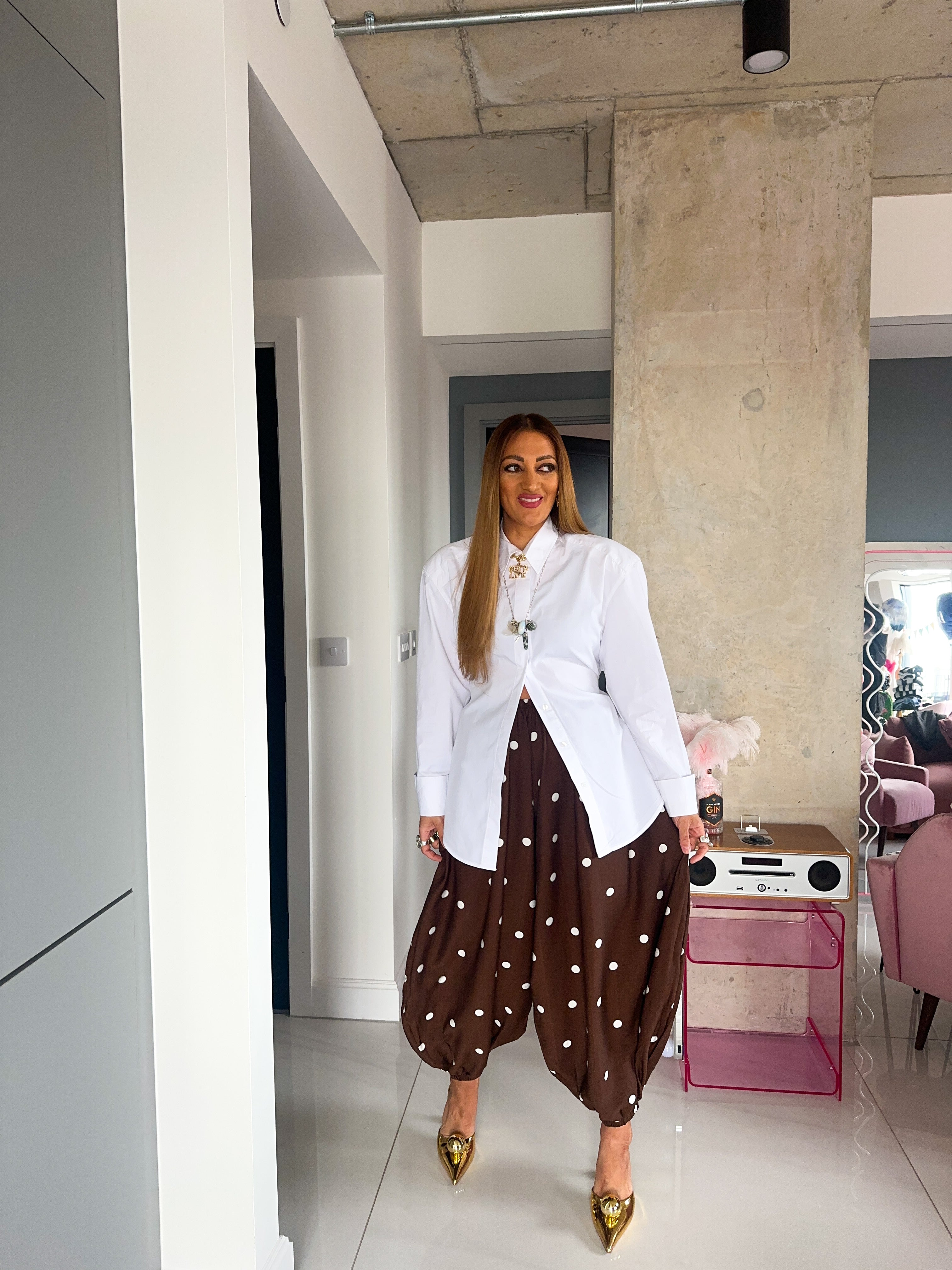 The Jasmine Aladdin Trousers In Brown Polka Dot