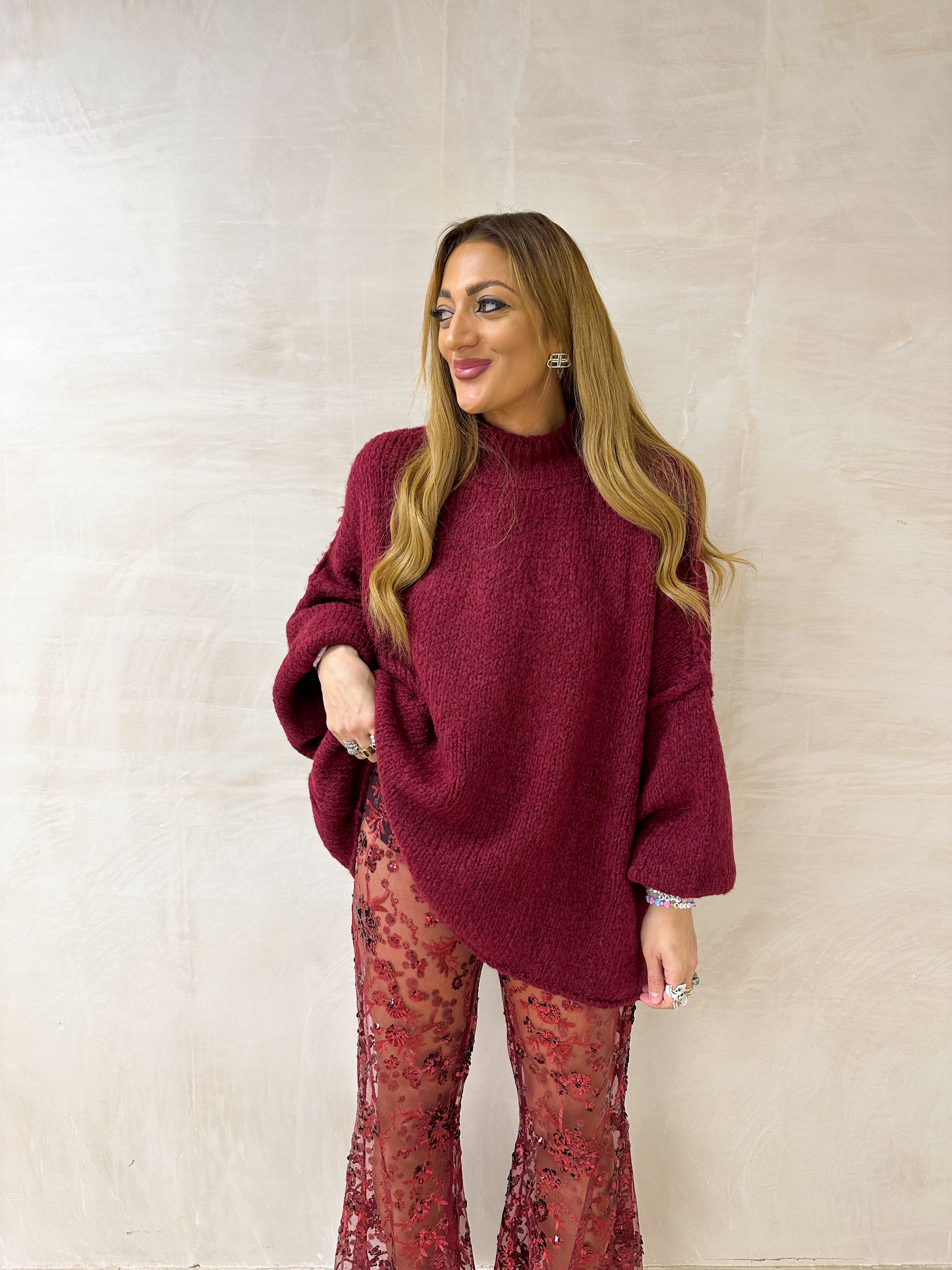 Chunky Knit Oversized Jumper In Burgundy