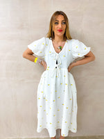 Scattered Lemon Print Midi Dress In White