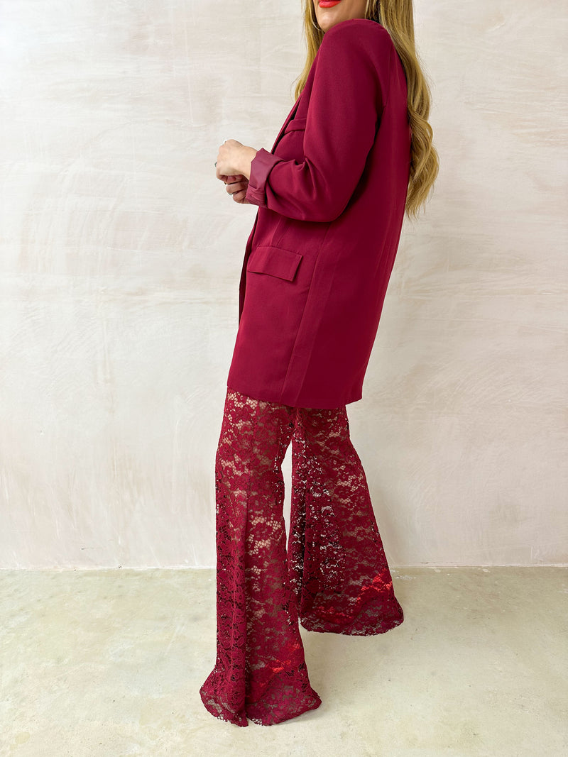 Fairytale Lace Extreme Flare Trousers In Burgundy