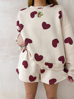 All Over Scattered Heart Sweatshirt In Beige/Burgundy