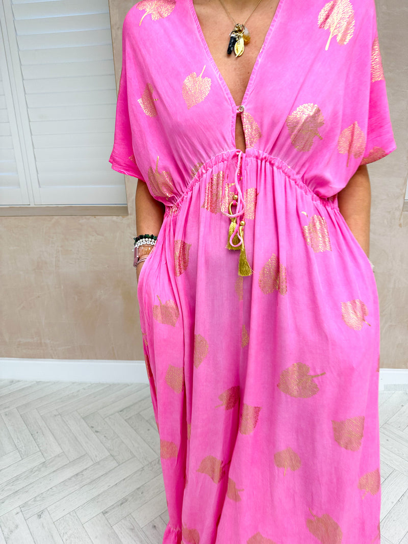 The Valentina Jumpsuit In Pink With Scattered Gold Print