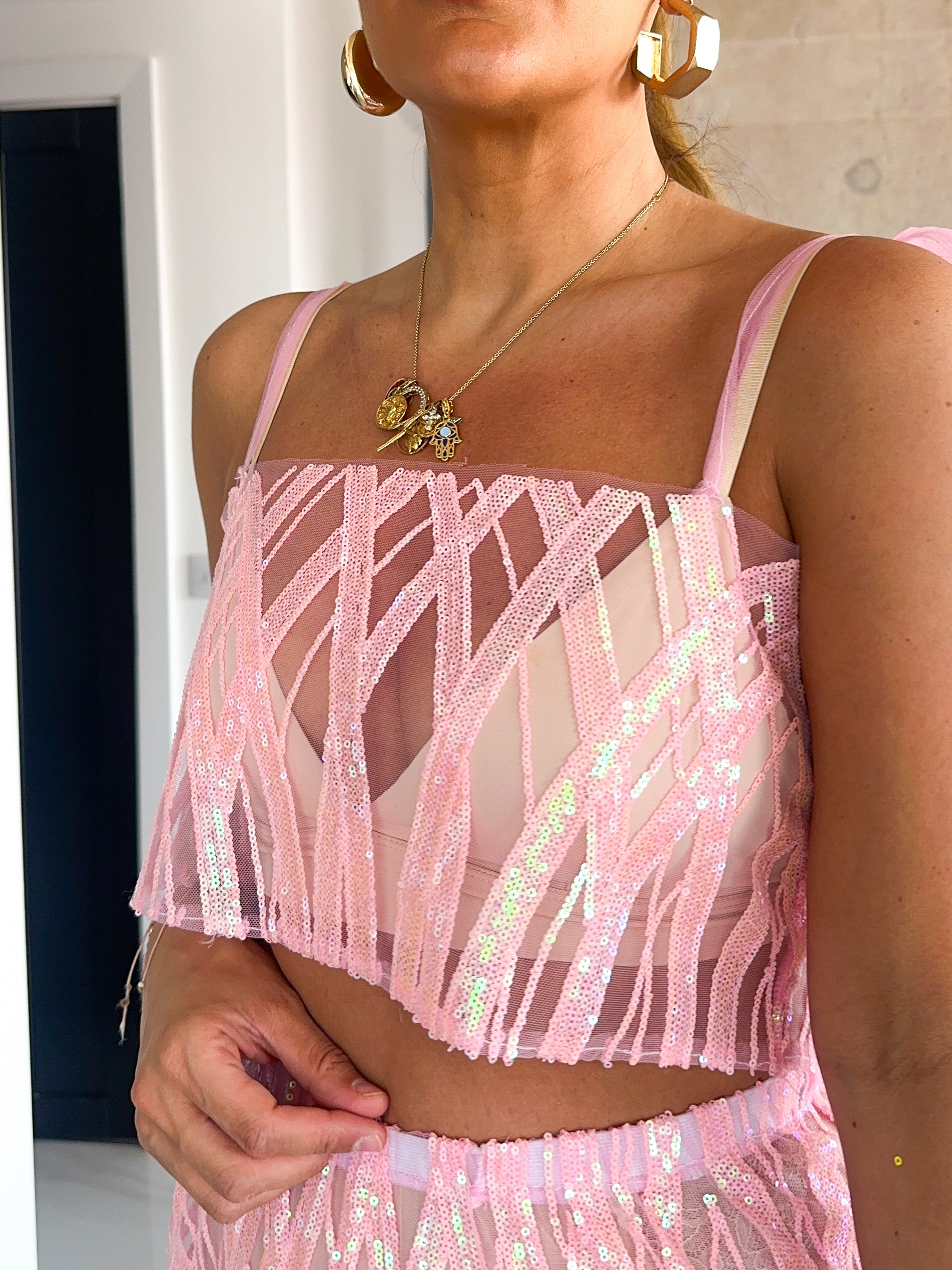 Solaris Supernova Crop Sequin Vest In Baby Pink