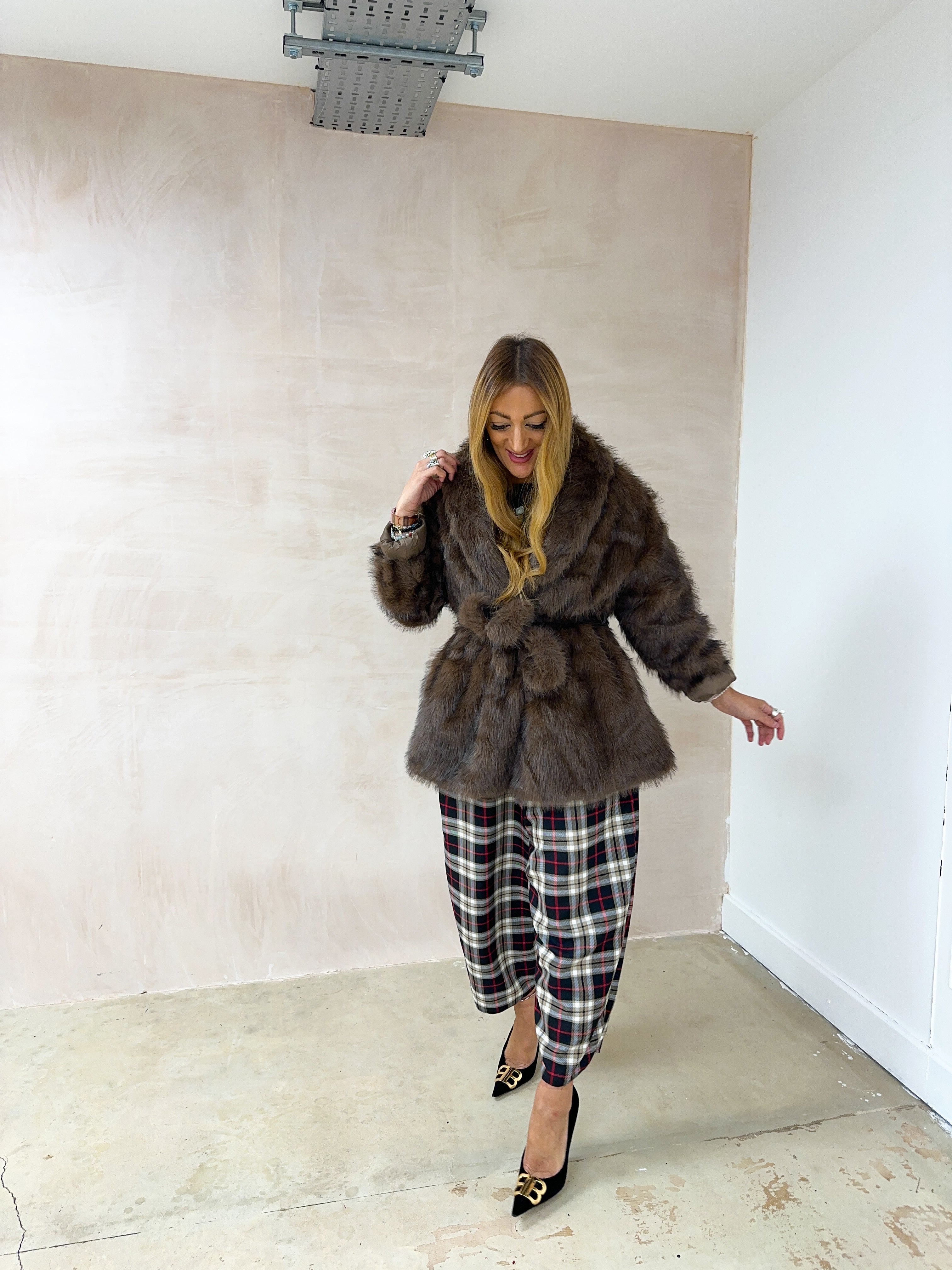 Luxury Faux Fur Belted Jacket In Brown