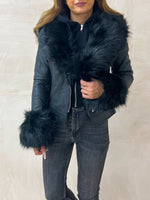 Faux Fur Biker Jacket In Black