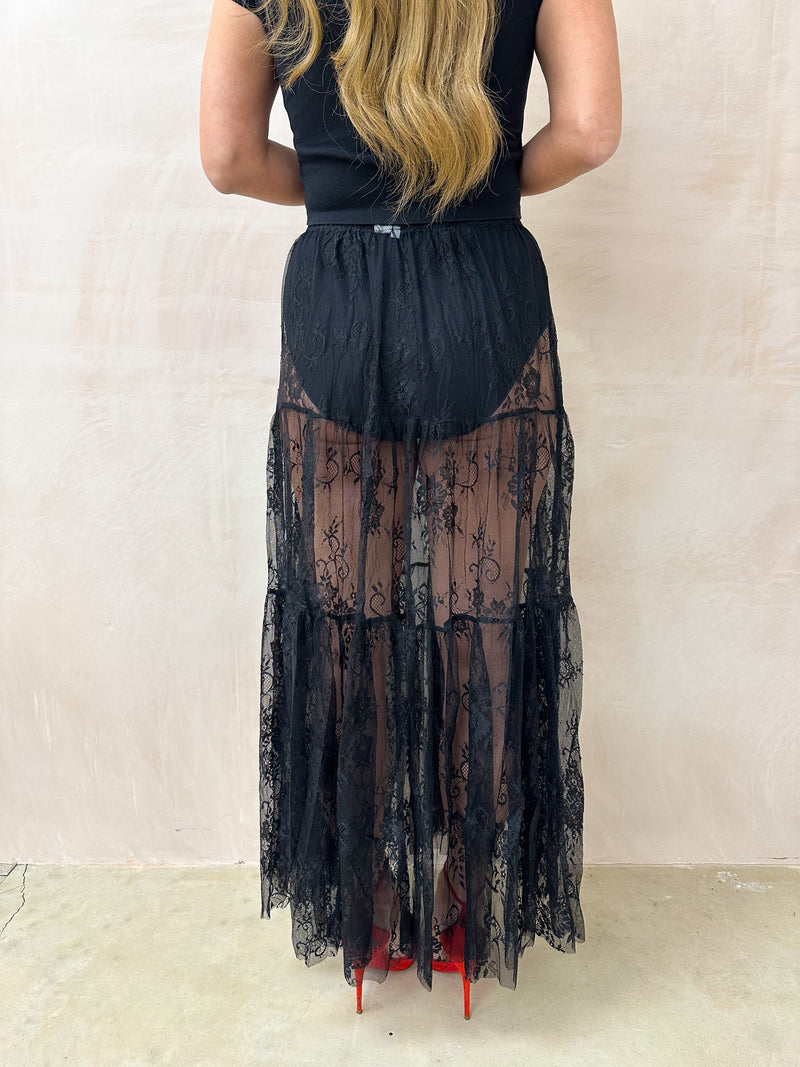 Full Circle Sheer Lace Midi Skirt In Black