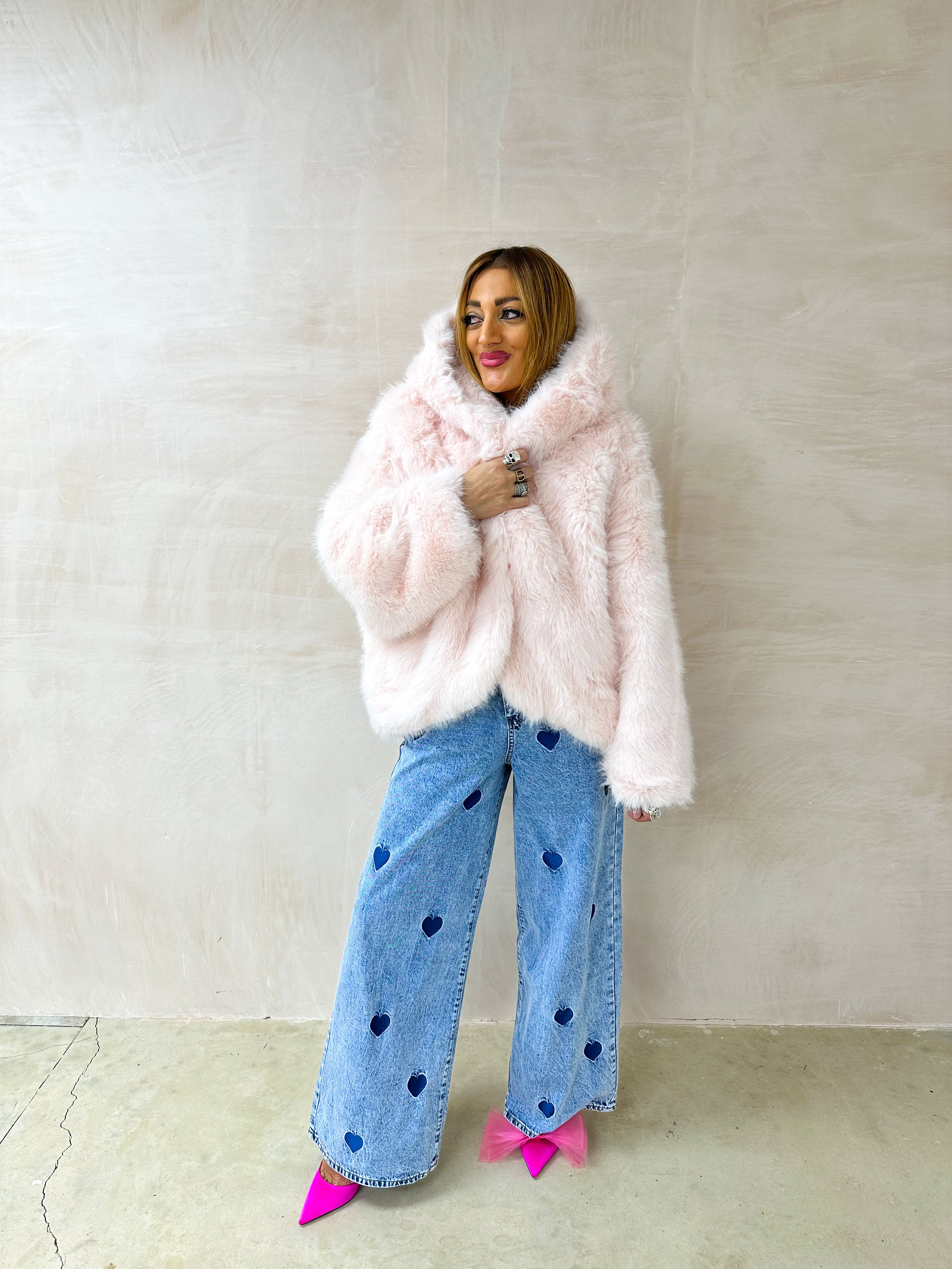 Luxury Faux Fur Hooded Coat In Pink