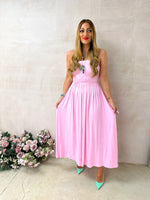 Bandeau Style Full Skirt Midi Dress In Candy Pink