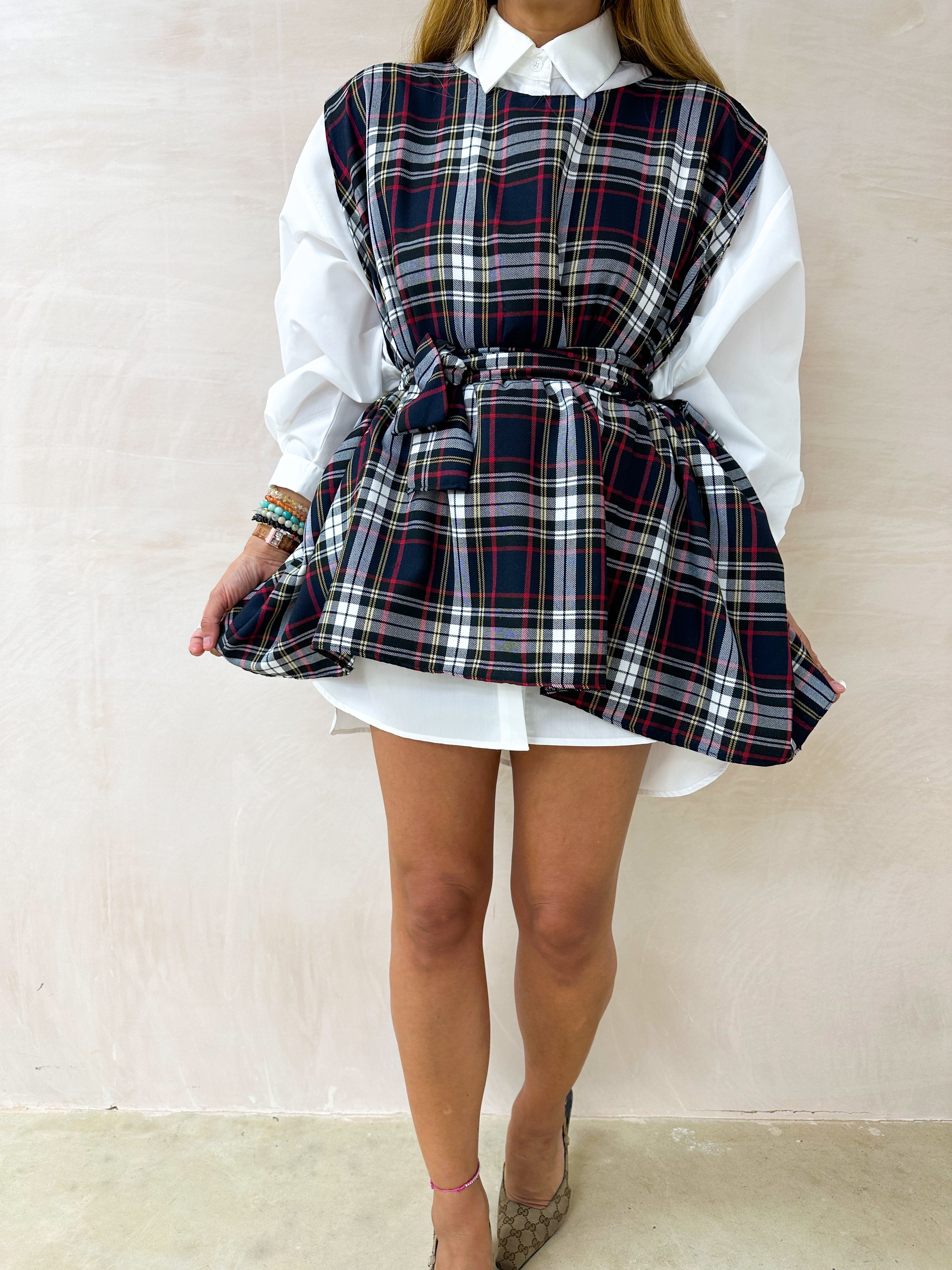 Muse Belted Top/Dress In Navy Tartan