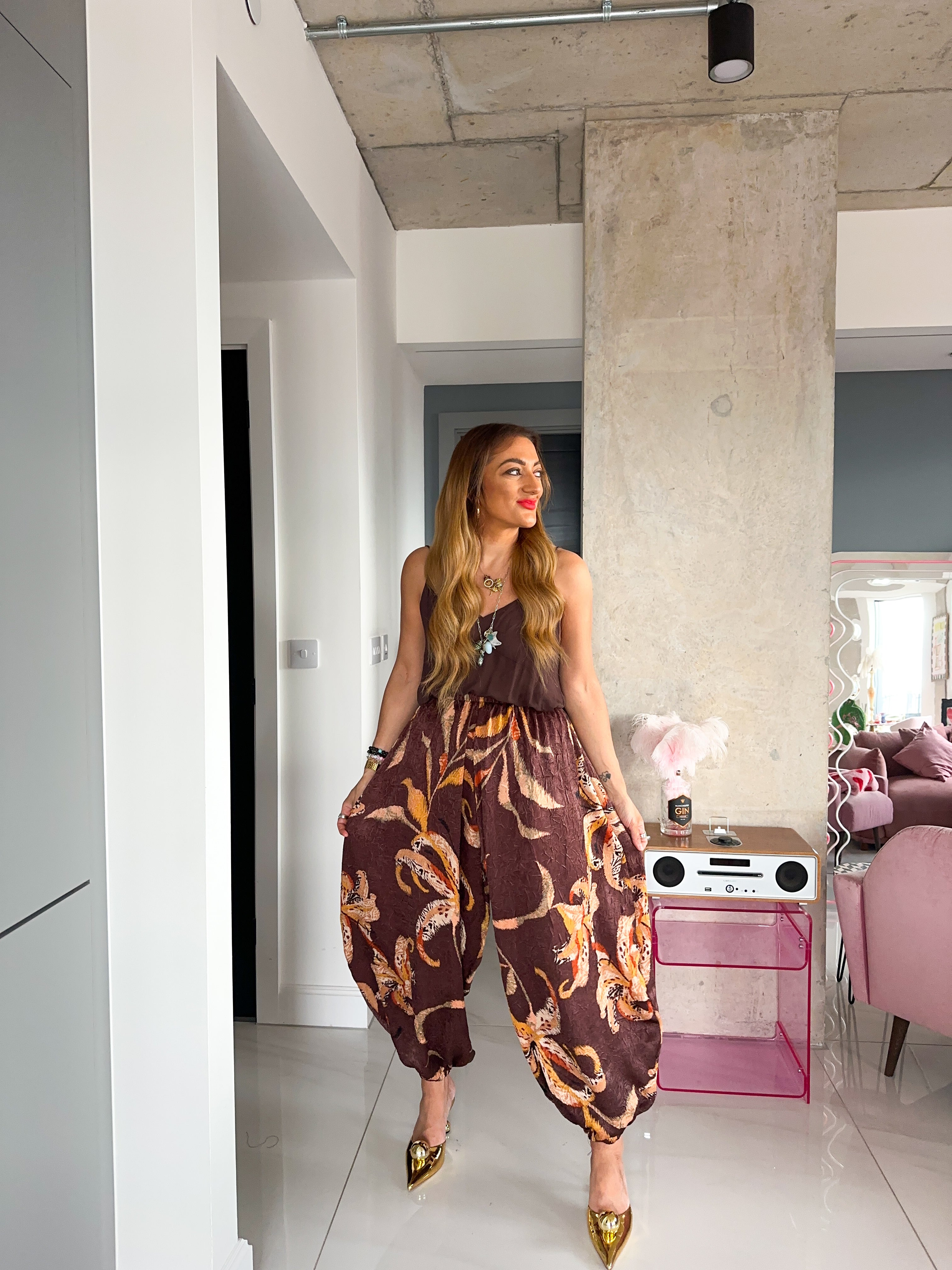 The Jasmine Aladdin Trousers In Brown Abstract Floral Print