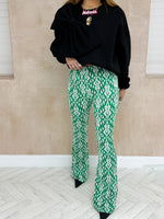 High Waisted Flared Trousers In Green Baroque Print