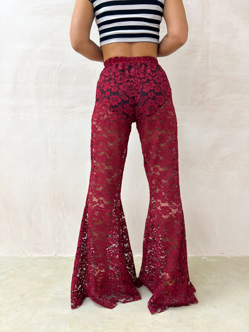 Petite - Fairytale Lace Extreme Flare Trousers In Burgundy