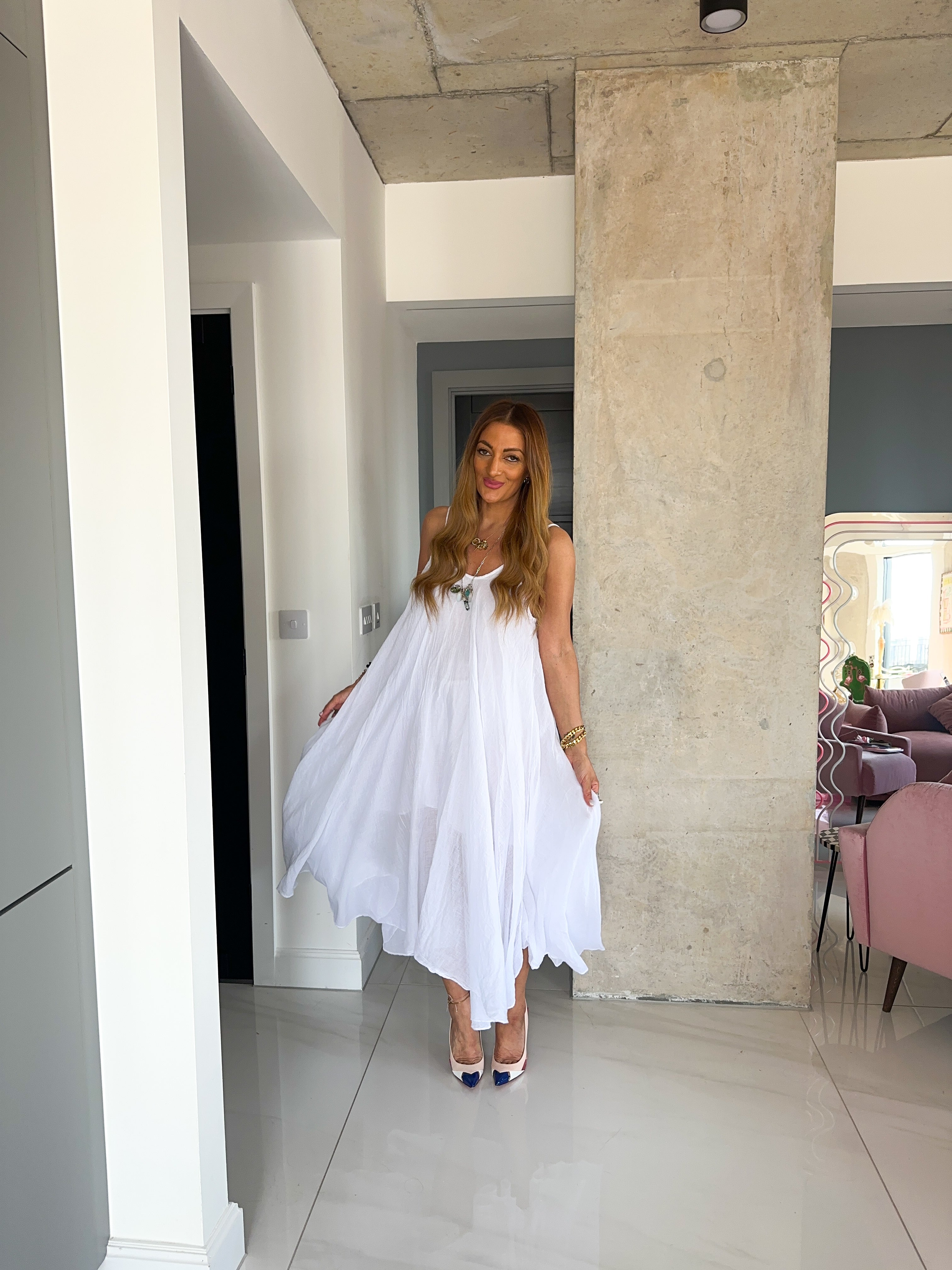 White Linen T-Shirt Style Maxi Dress
