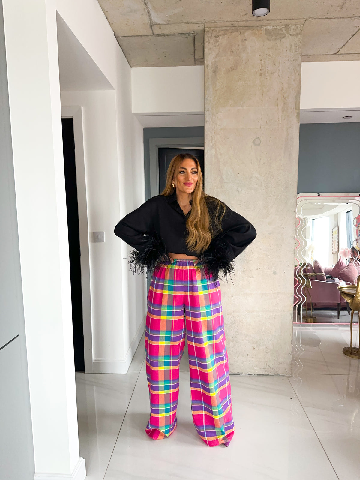 Madras Check Wide Leg Trousers In Pink