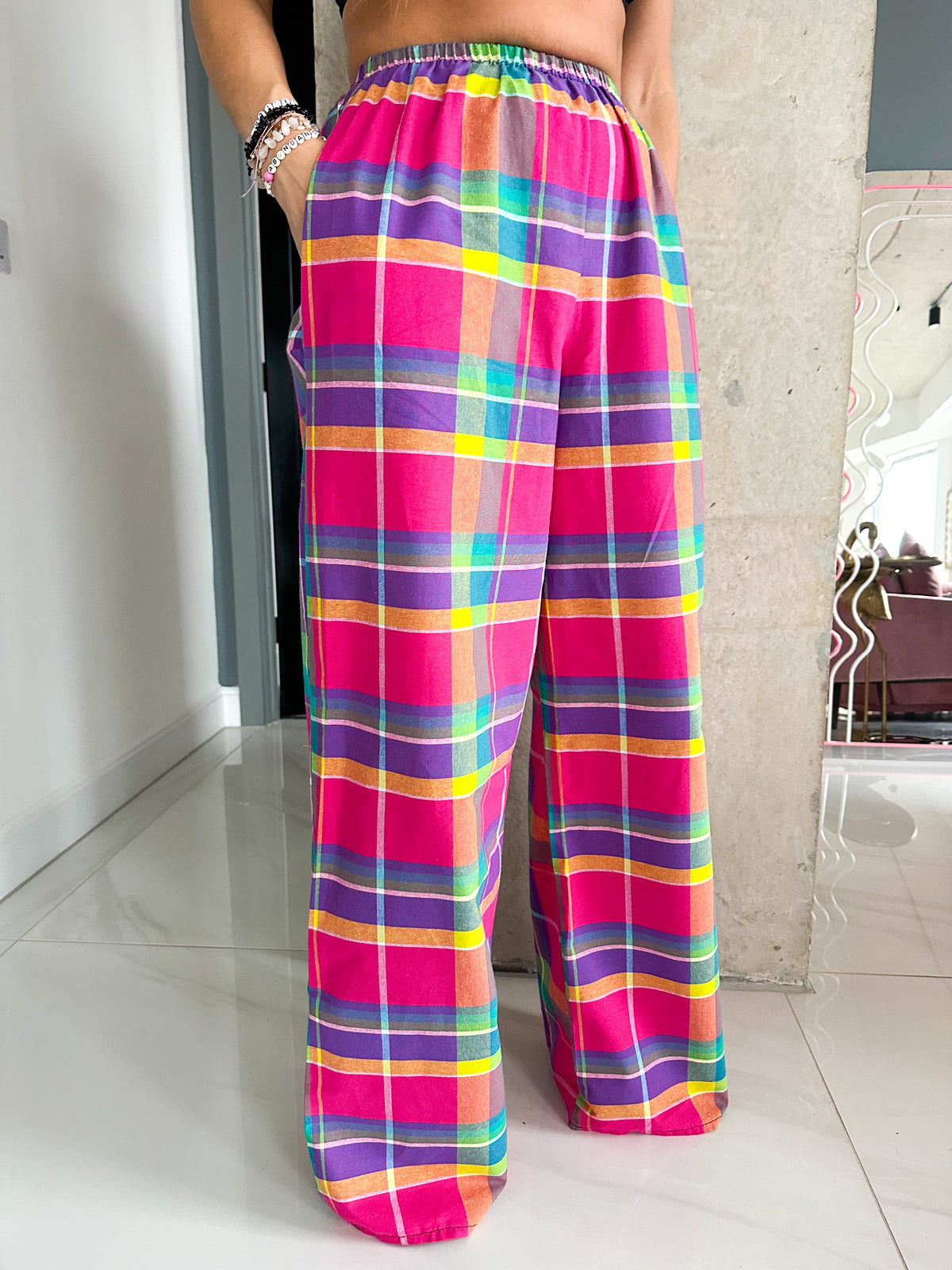 Madras Check Wide Leg Trousers In Pink