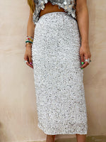 High Waisted Sequin Midi Skirt In  White