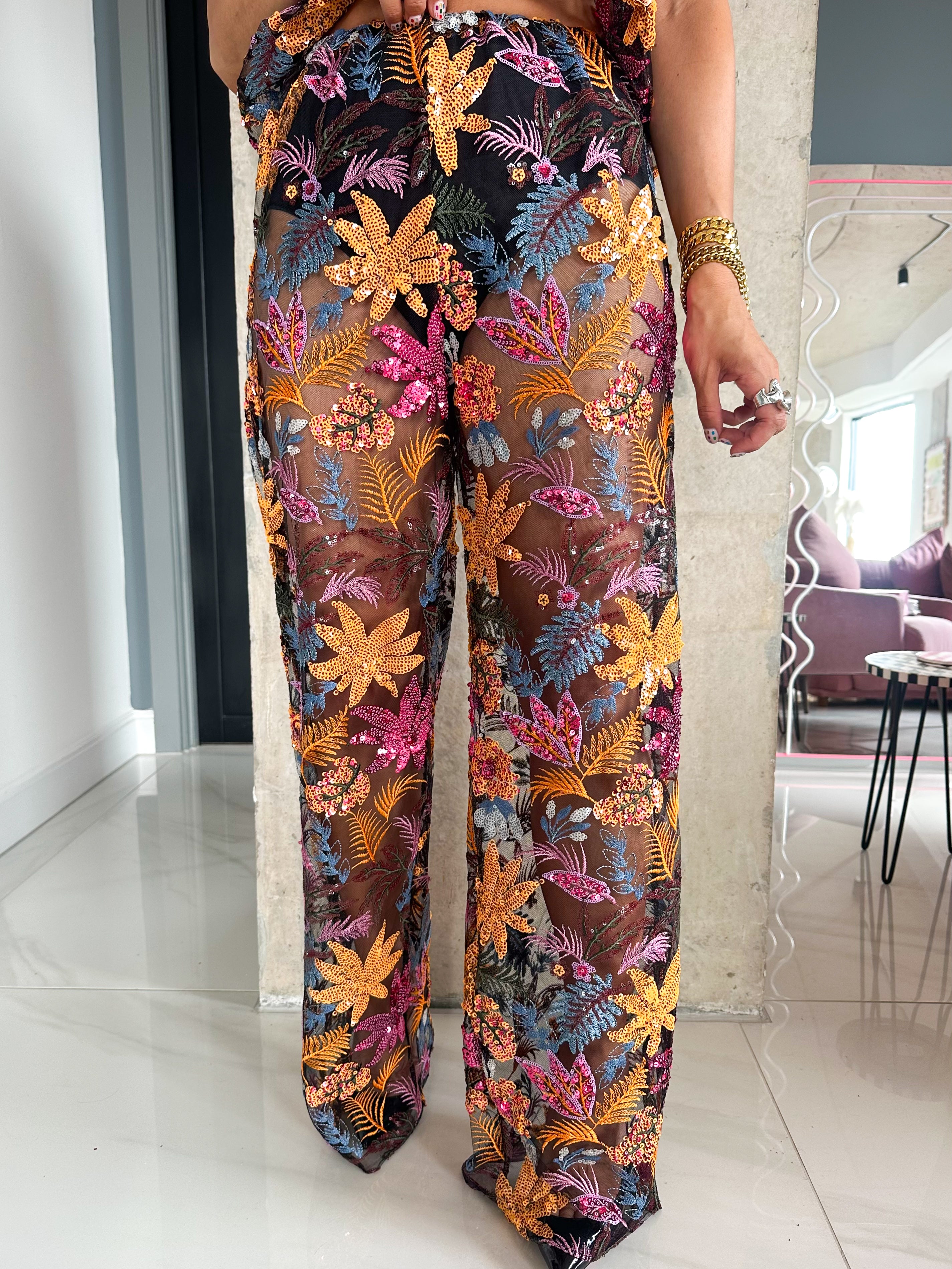 The Flora Sequin Trousers In Black