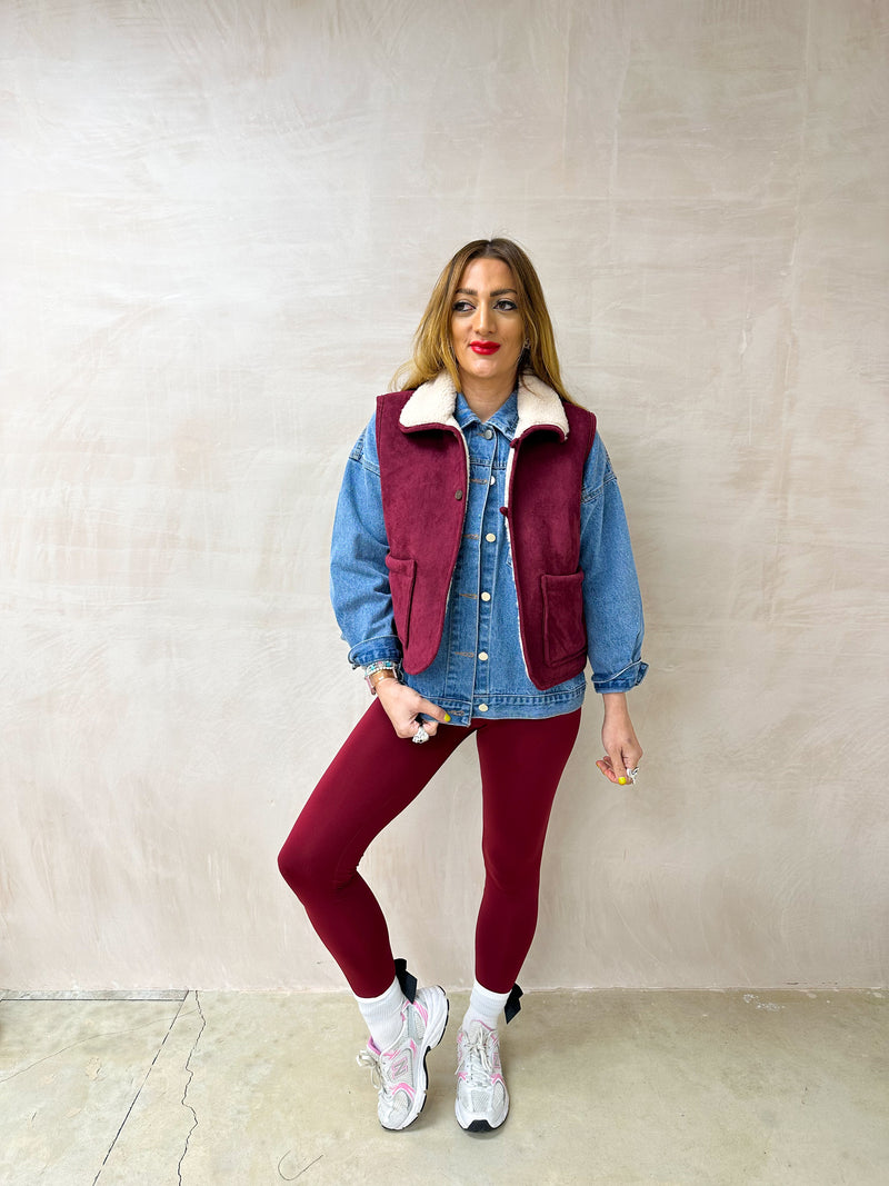 Faux Suede Gilet In Burgundy