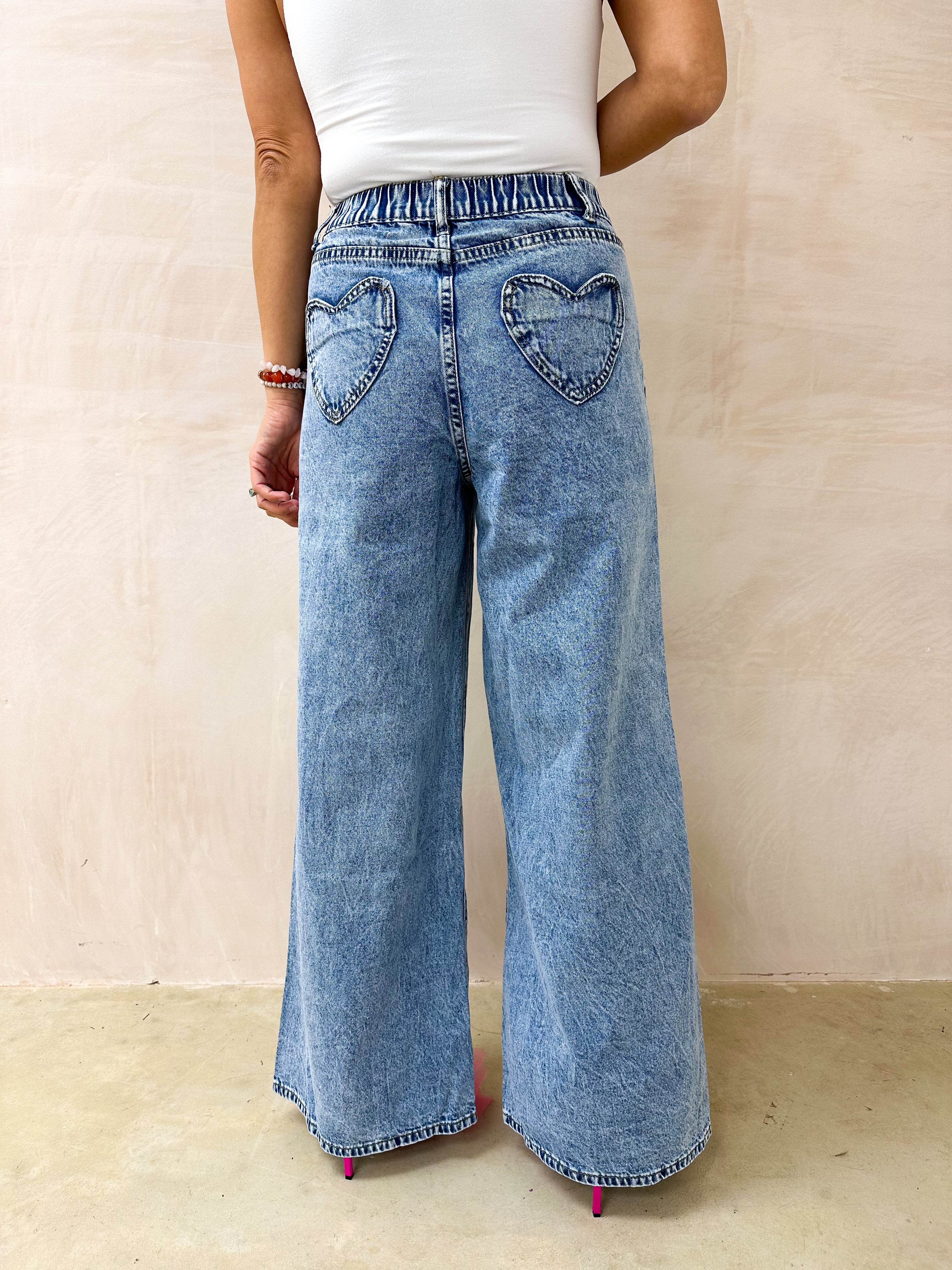 Wide Leg Scattered Heart Jeans In Blue