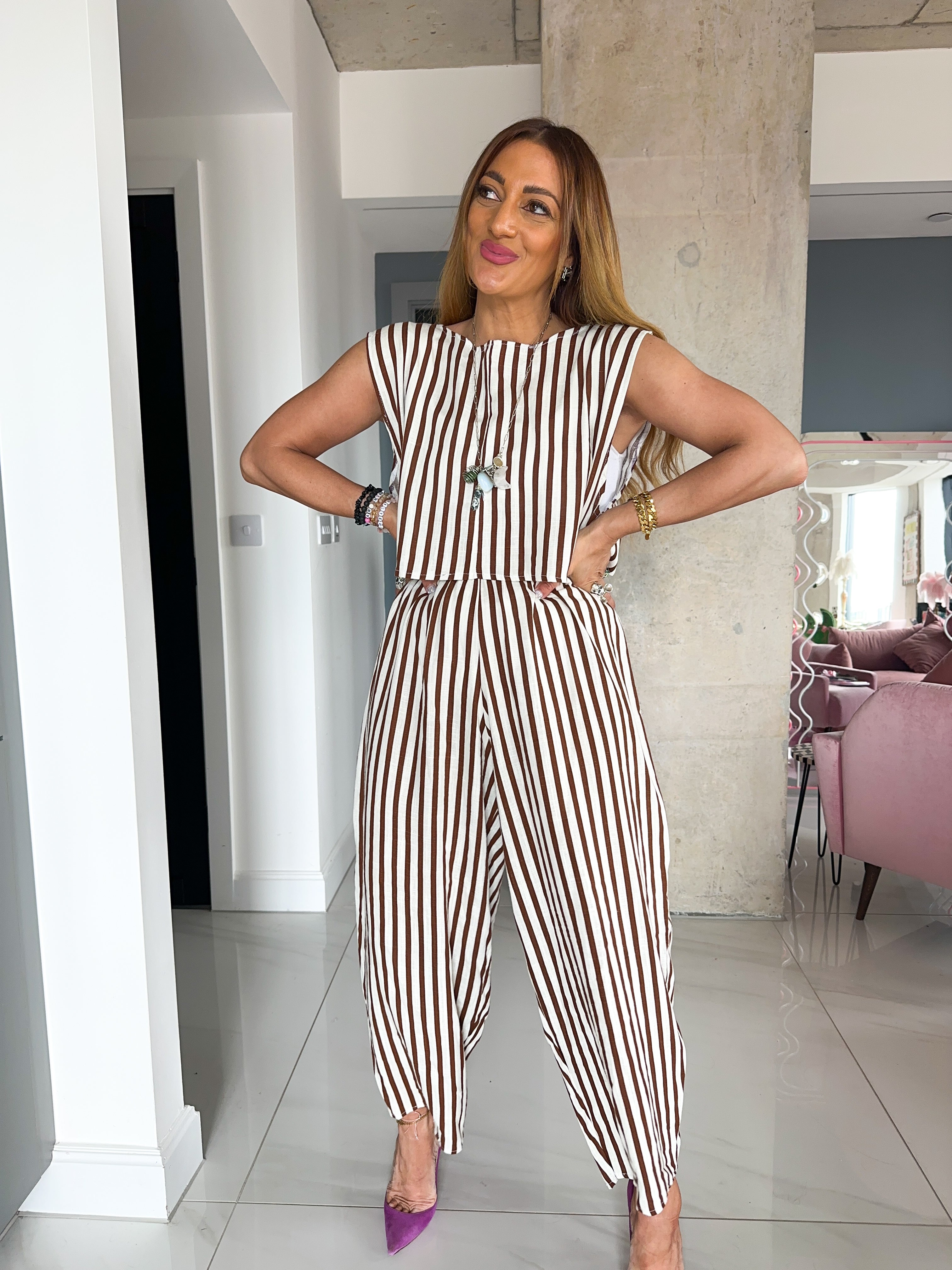 Balloon Trousers In Brown/Cream Stripe
