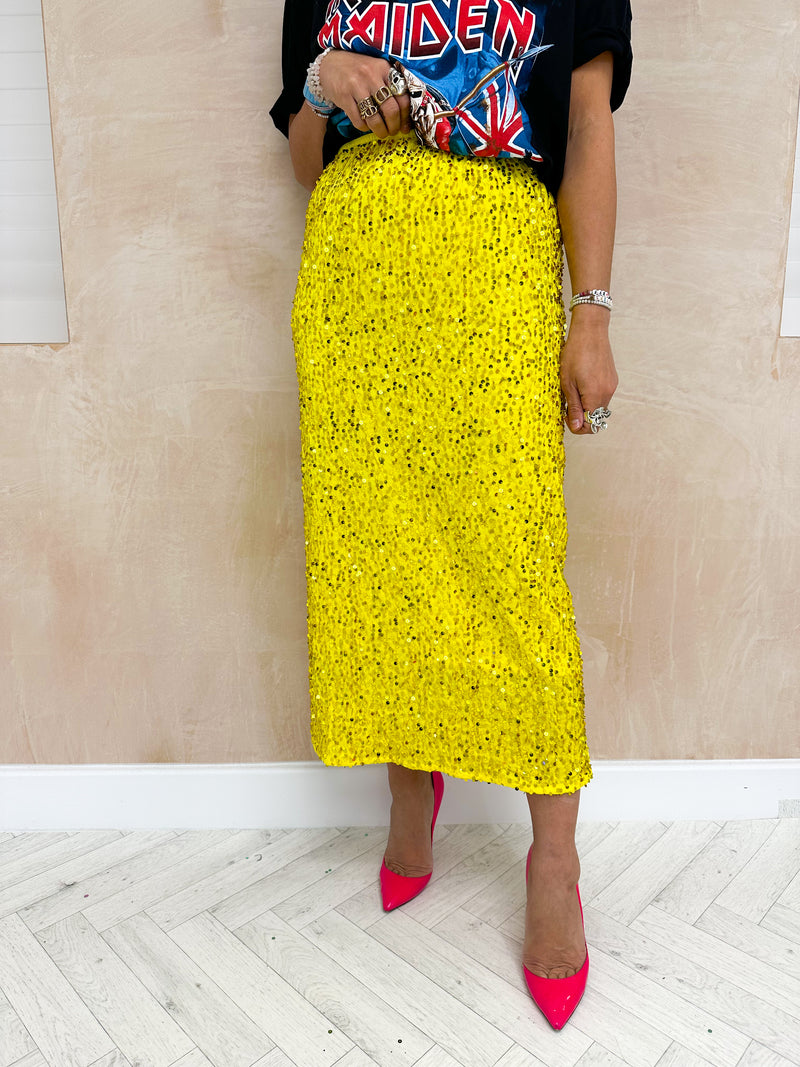 High Waisted Sequin Midi Skirt In Yellow