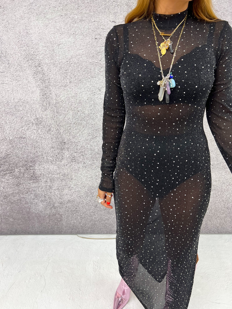 Sheer Diamante/Glitter Midi Dress In Black