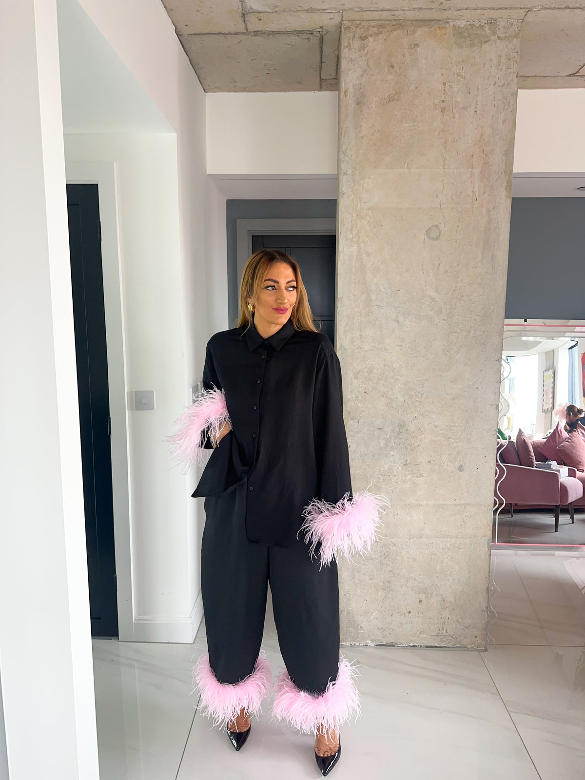 Pink Feather Hem Balloon Trousers In Black