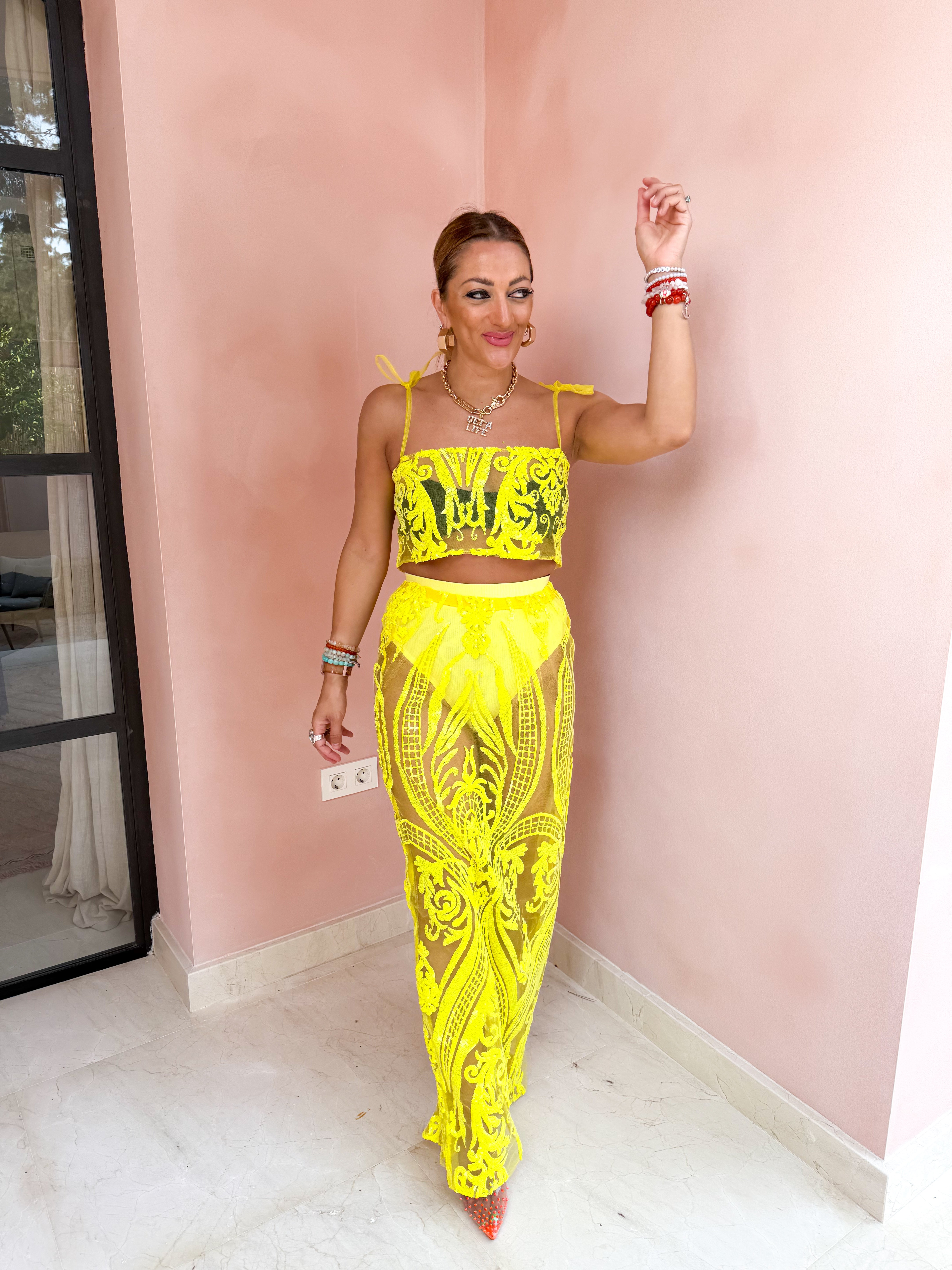 Solaris Supernova Sequin Midi Skirt In Yellow