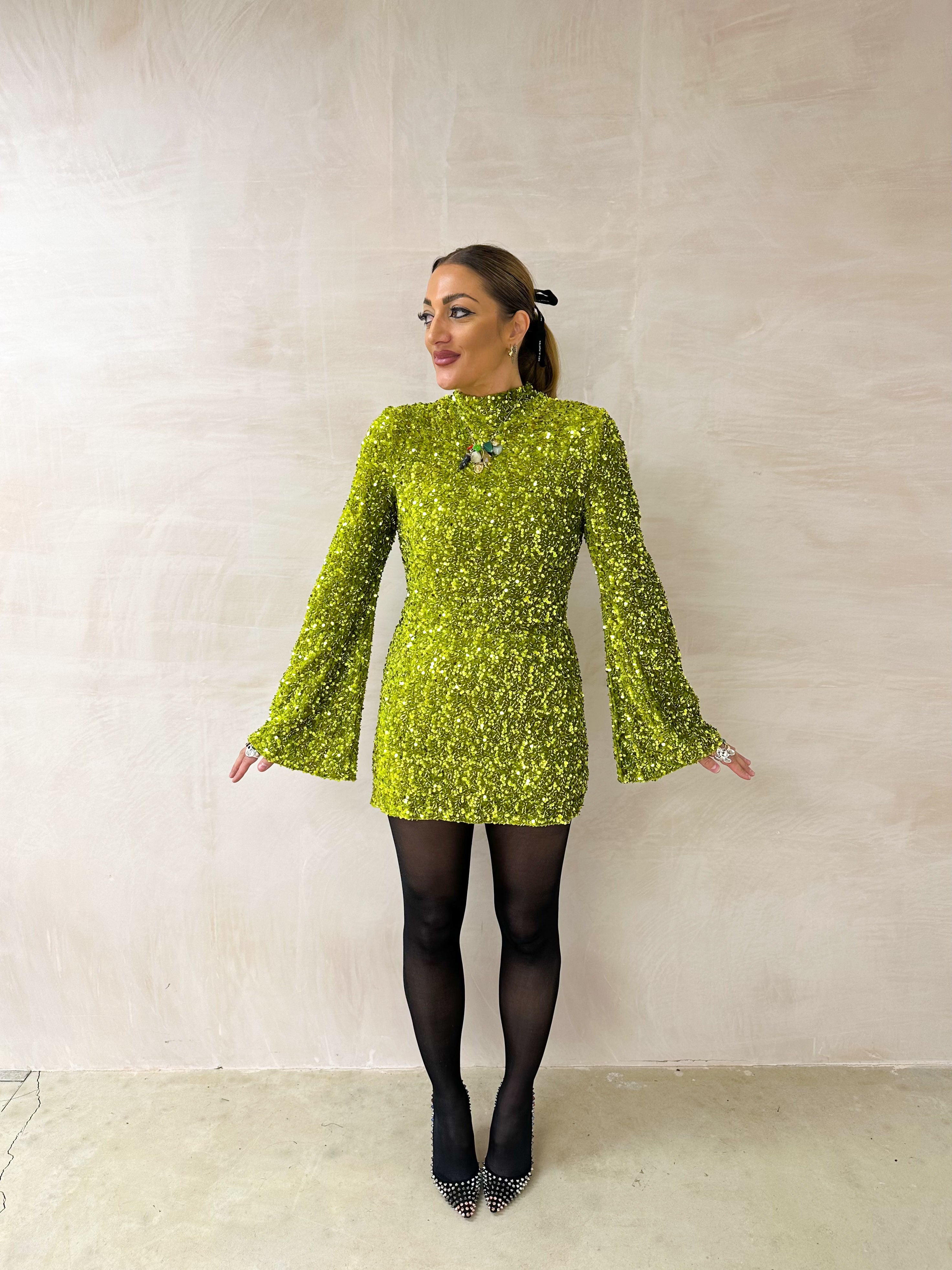 Flare Sleeve Sequin Mini Dress In Green