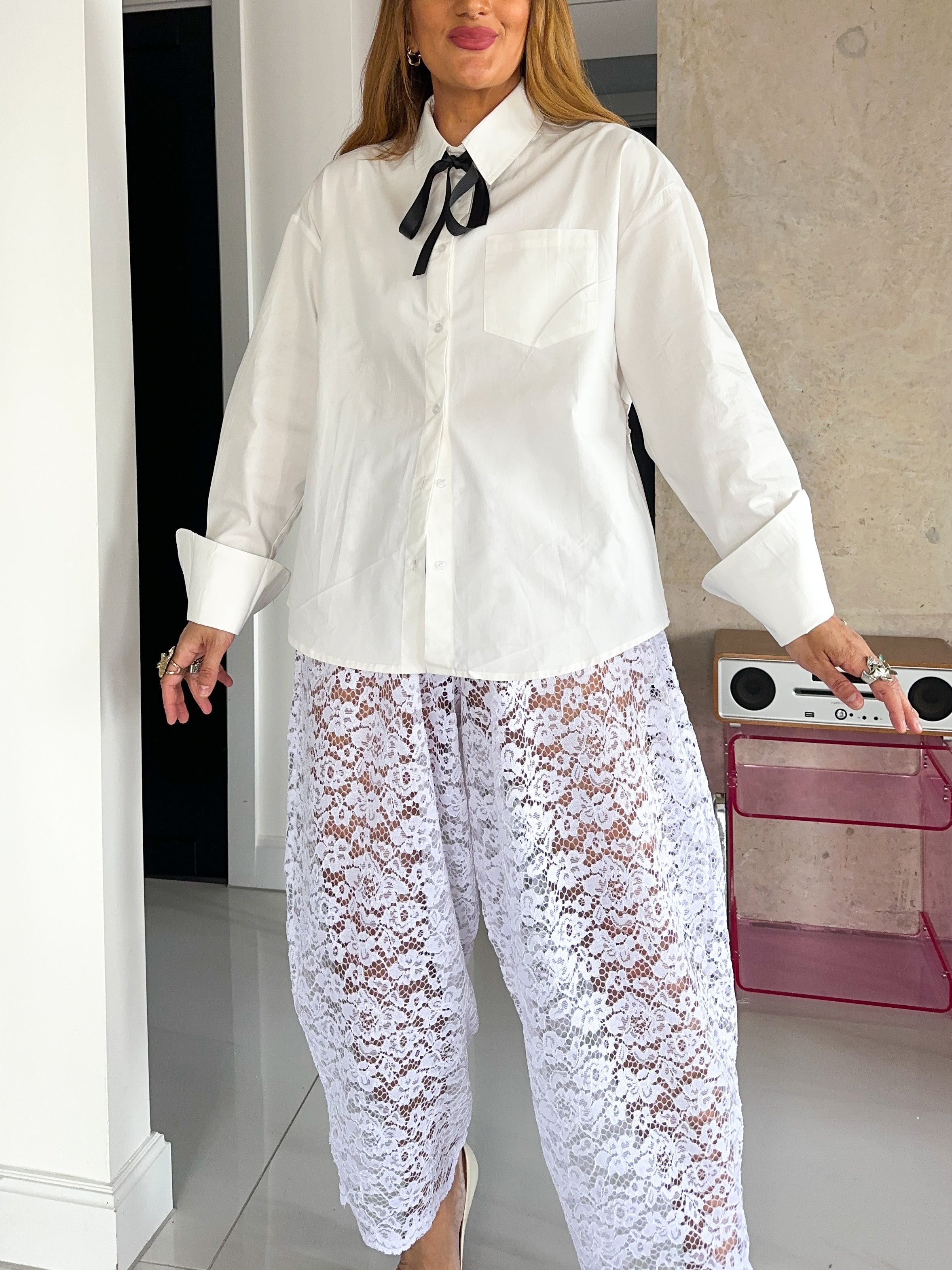 Shoulder Pad Tie Waist Shirt In White