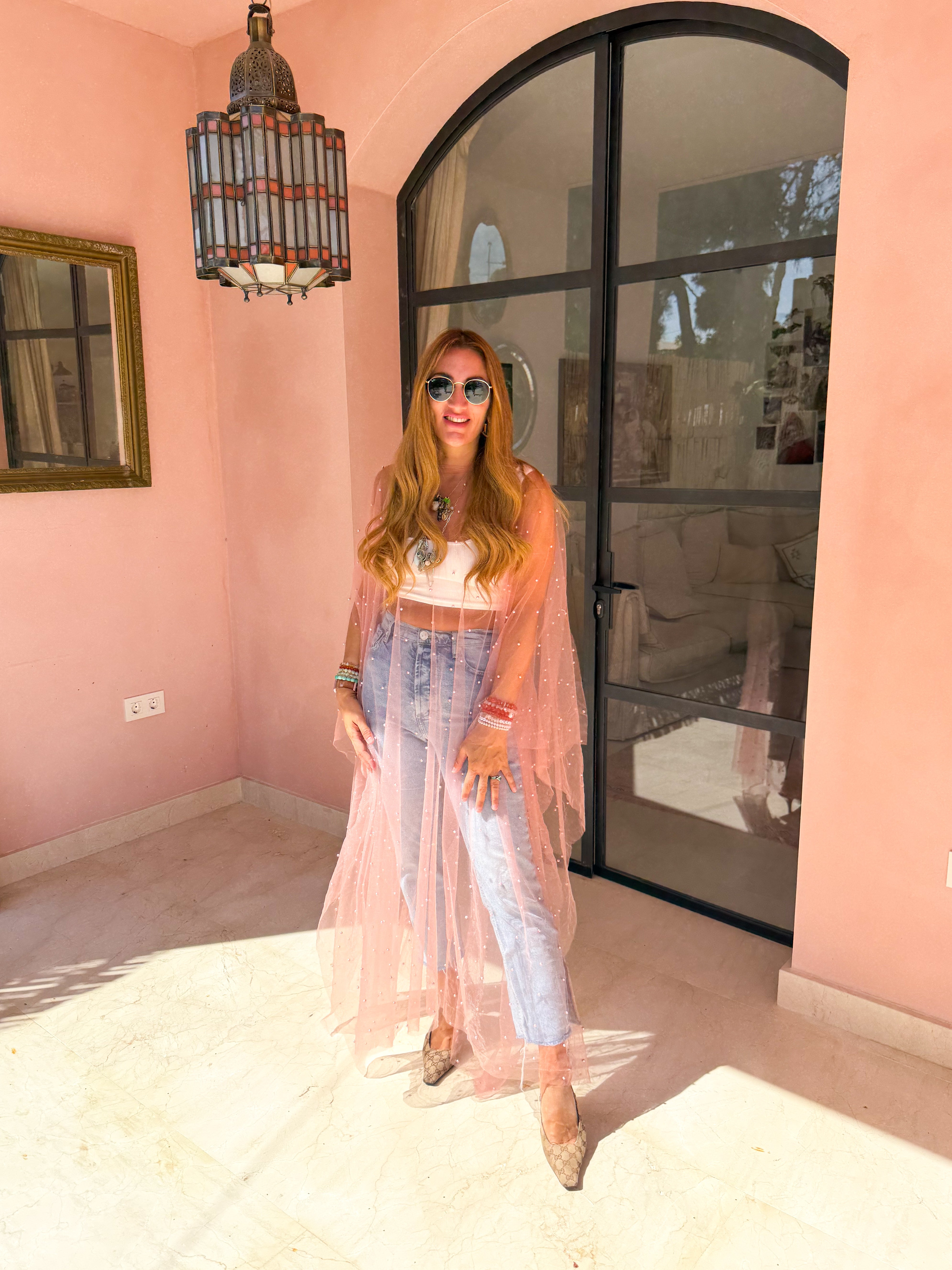 Tulle Vixen Pearl Mesh Kimono In Pale Pink