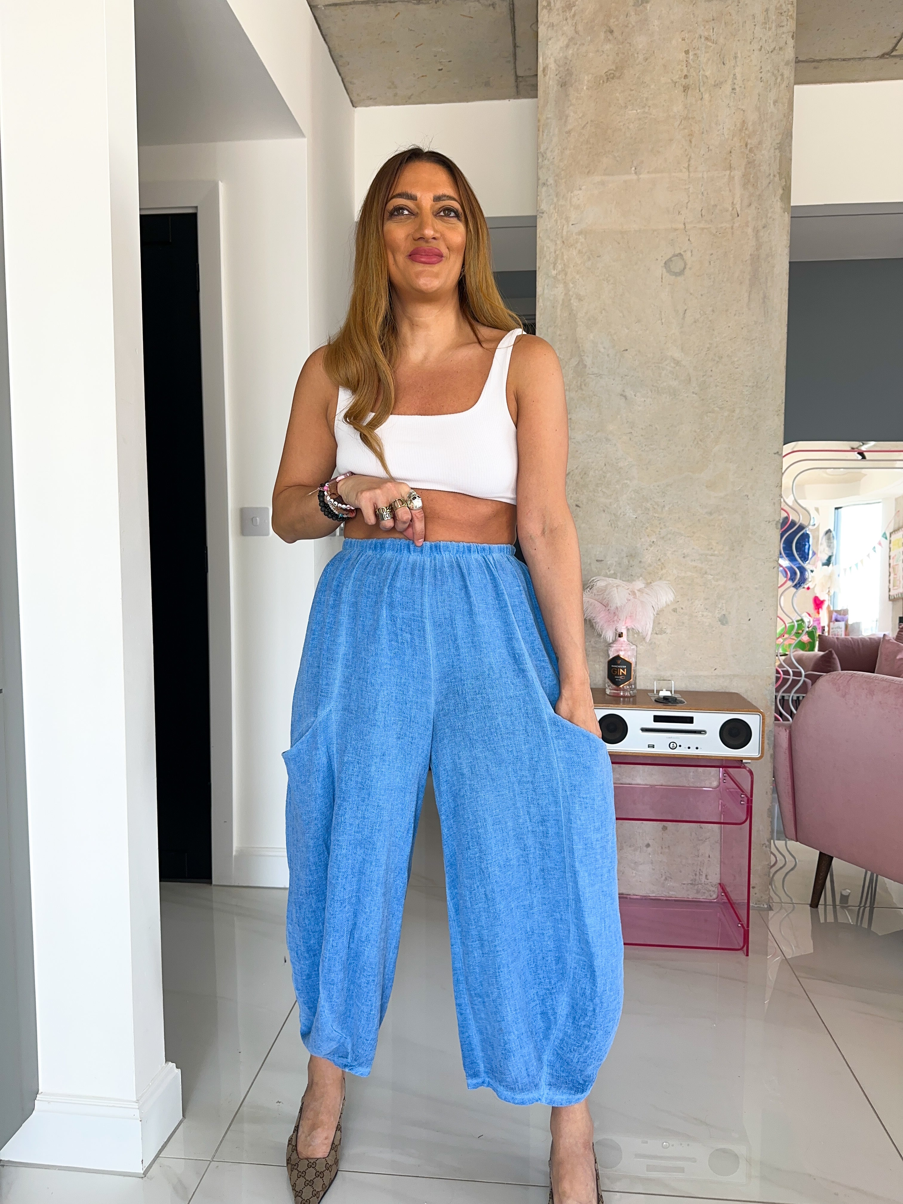 Linen Balloon Trousers In Sky Blue