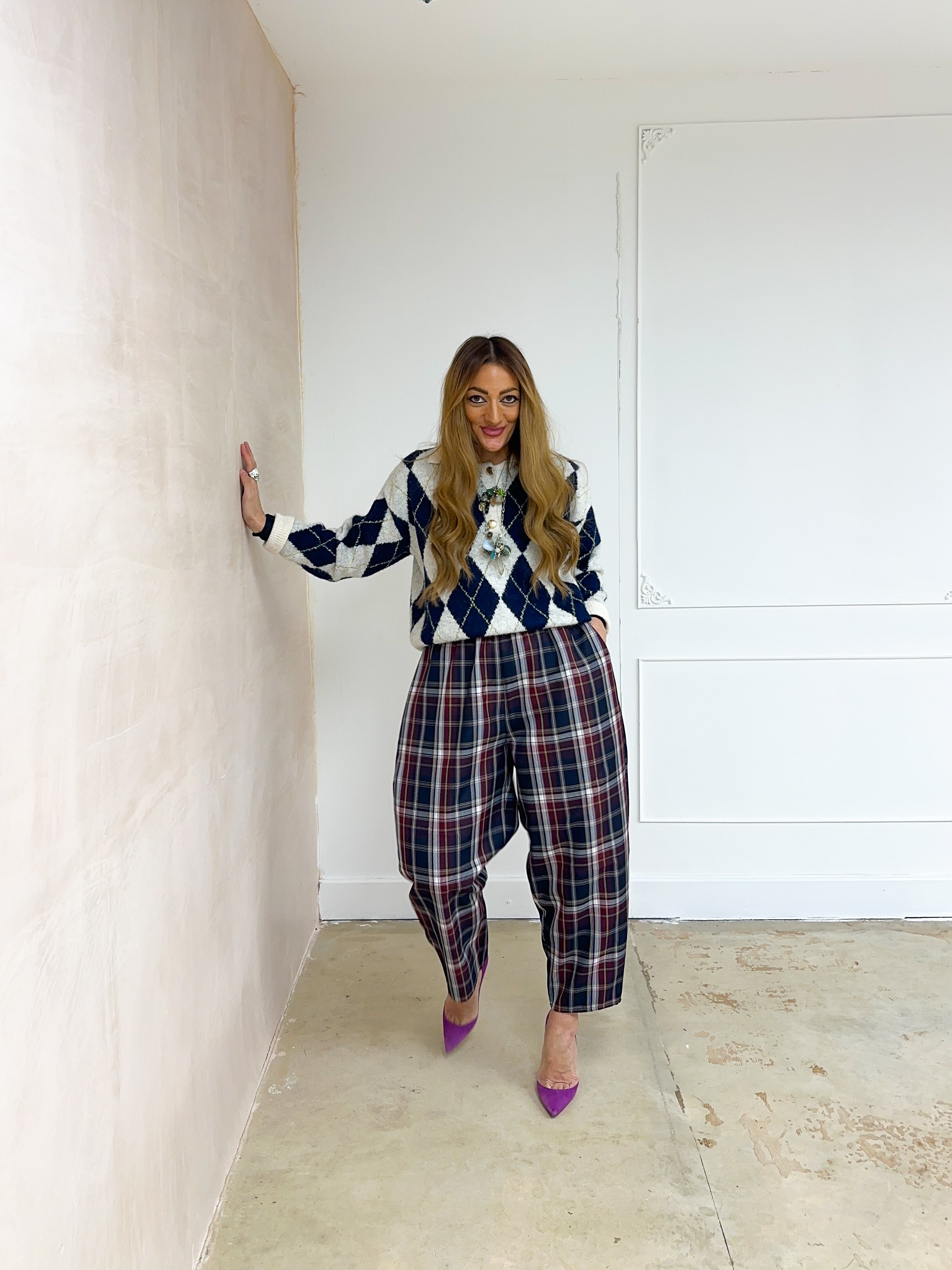 Argyle Polo Style Jumper In Cream/Navy