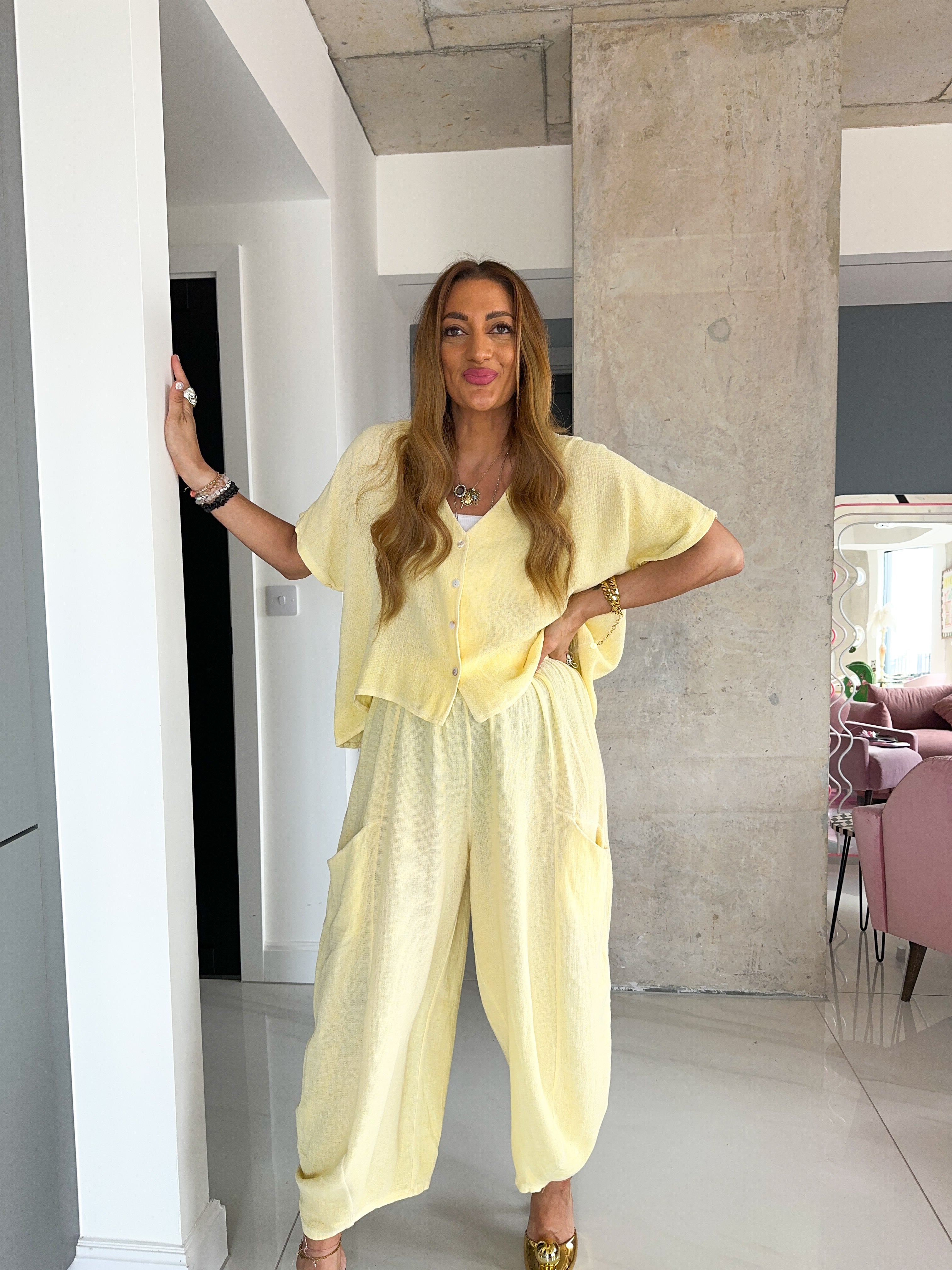 Linen Balloon Style Trousers In Candy Yellow