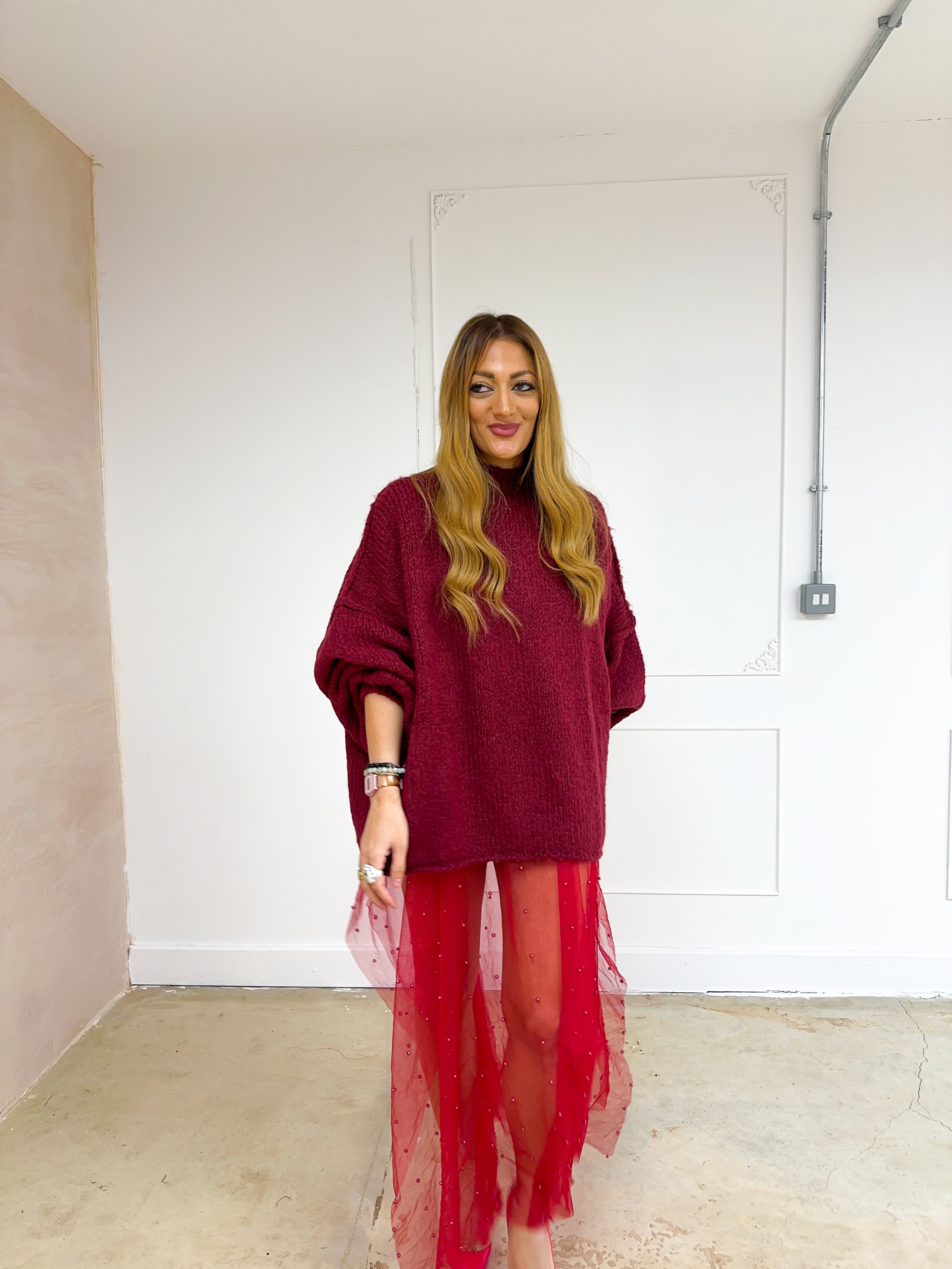 Chunky Knit Oversized Jumper In Burgundy