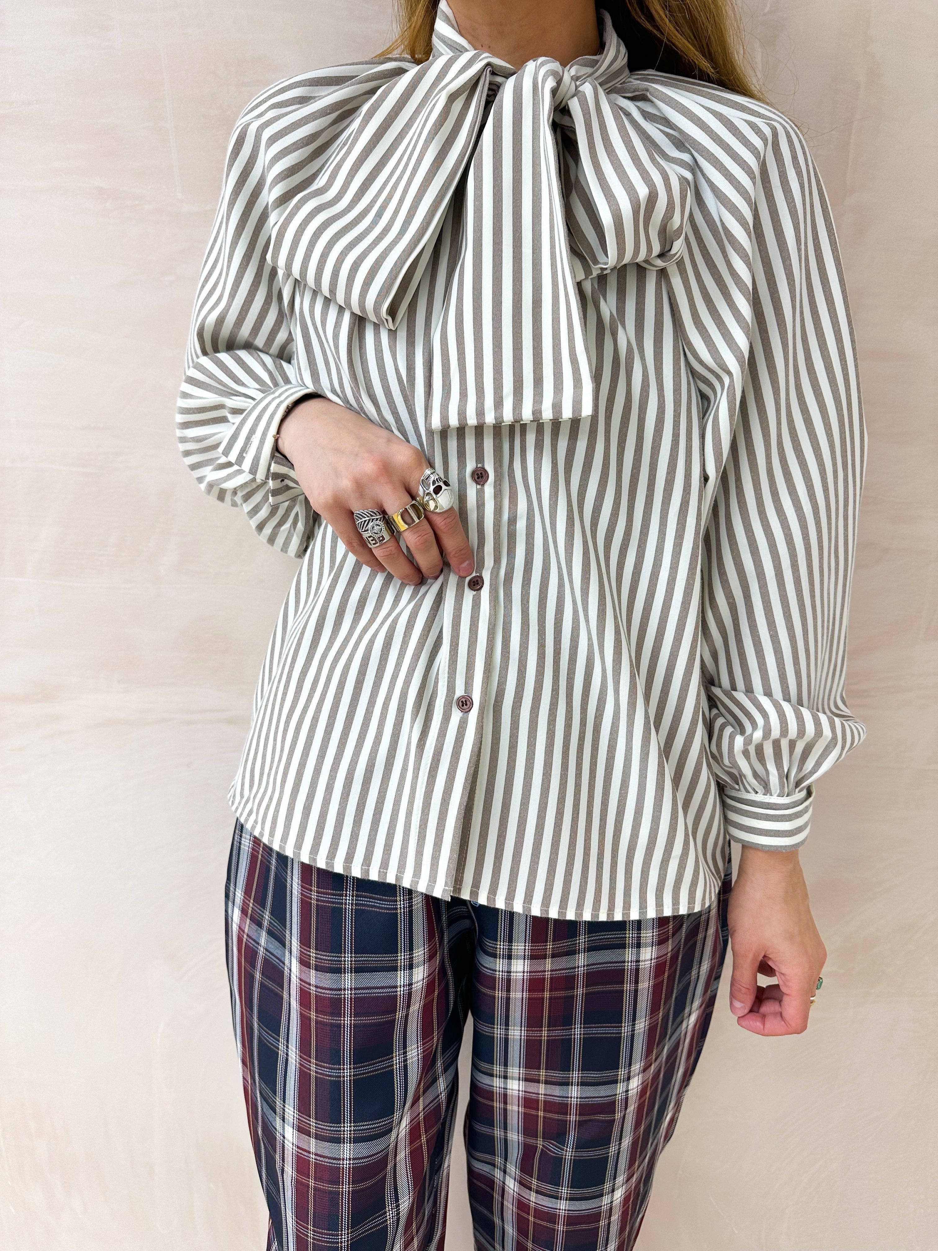 Stripe Bow Front Shirt In Brown And Cream