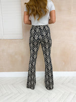 High Waisted Flared Trousers In Cream And Black Baroque Print